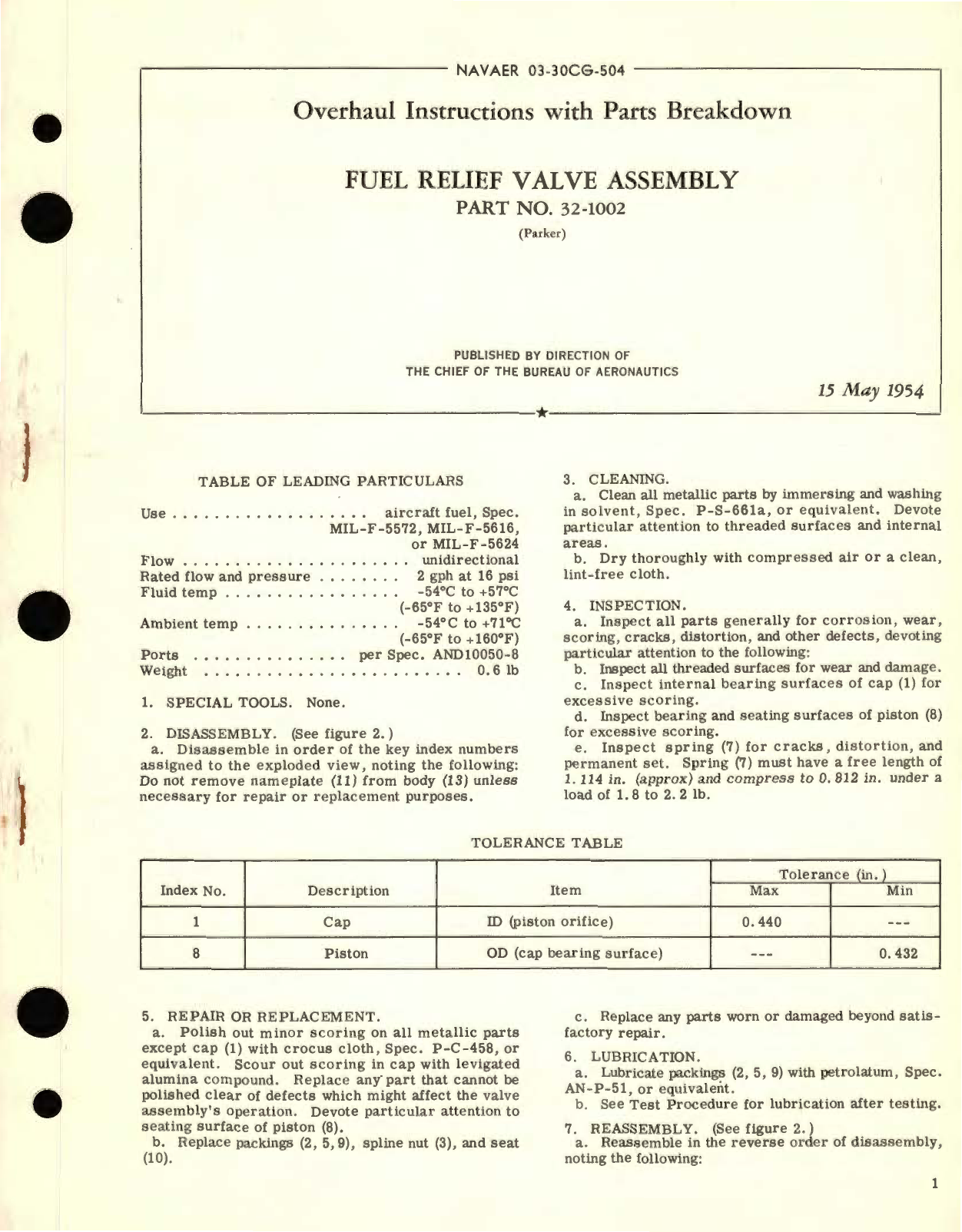 Sample page 1 from AirCorps Library document: Overhaul Instructions with Parts Breakdown for Fuel Relief Valve Assembly Part No. 32-1002 