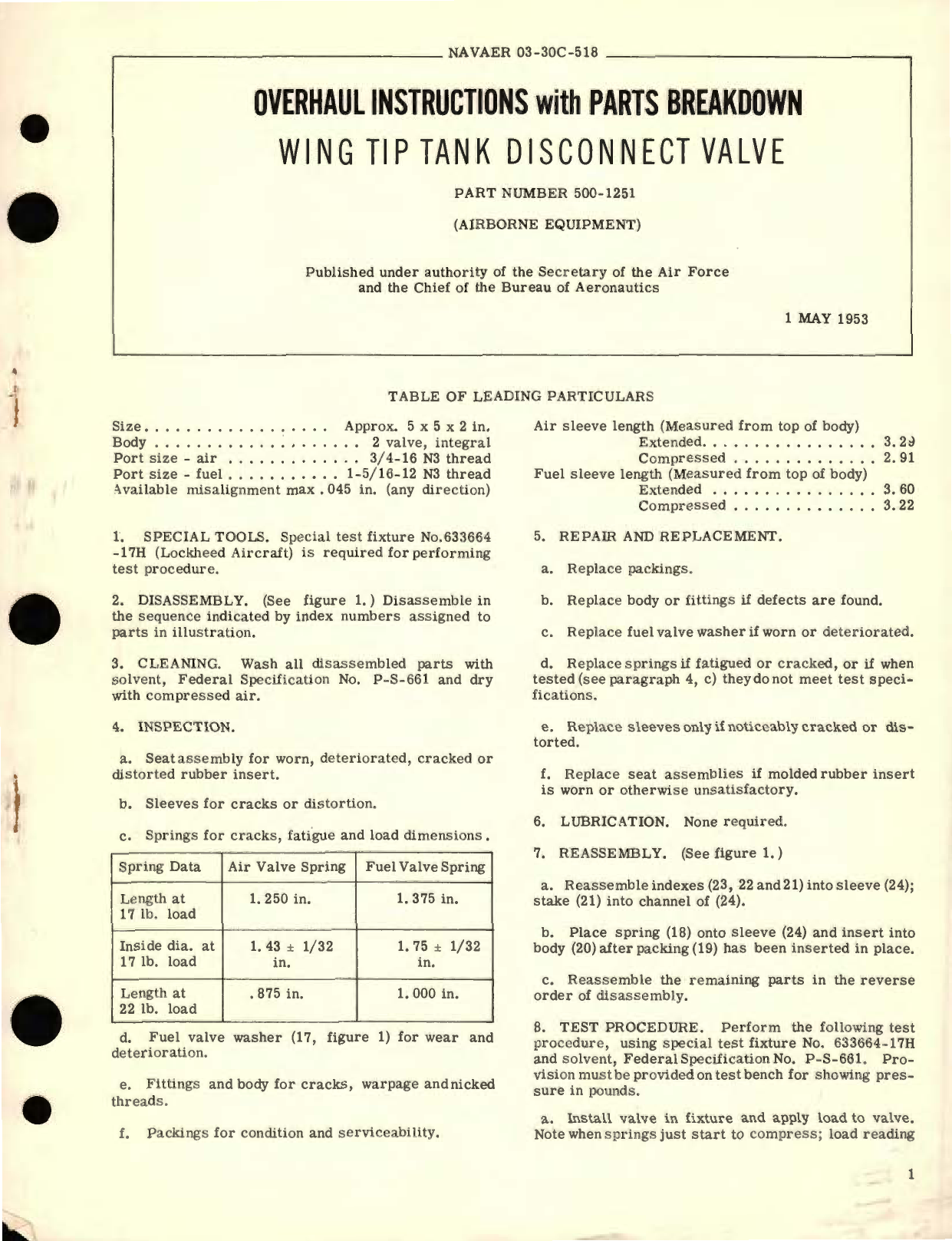 Sample page 1 from AirCorps Library document: Overhaul Instructions with Parts Breakdown for Wing Tip Tank Disconnect Valve Part  No. 500-1251