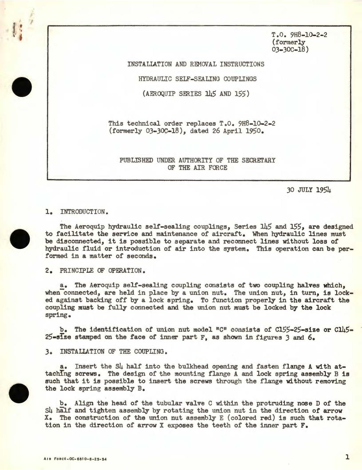 Sample page 1 from AirCorps Library document: Installation and Removal Instructions for Hydraulic Self-Sealing Coupling Series Aeroquip Series 145 and 155 