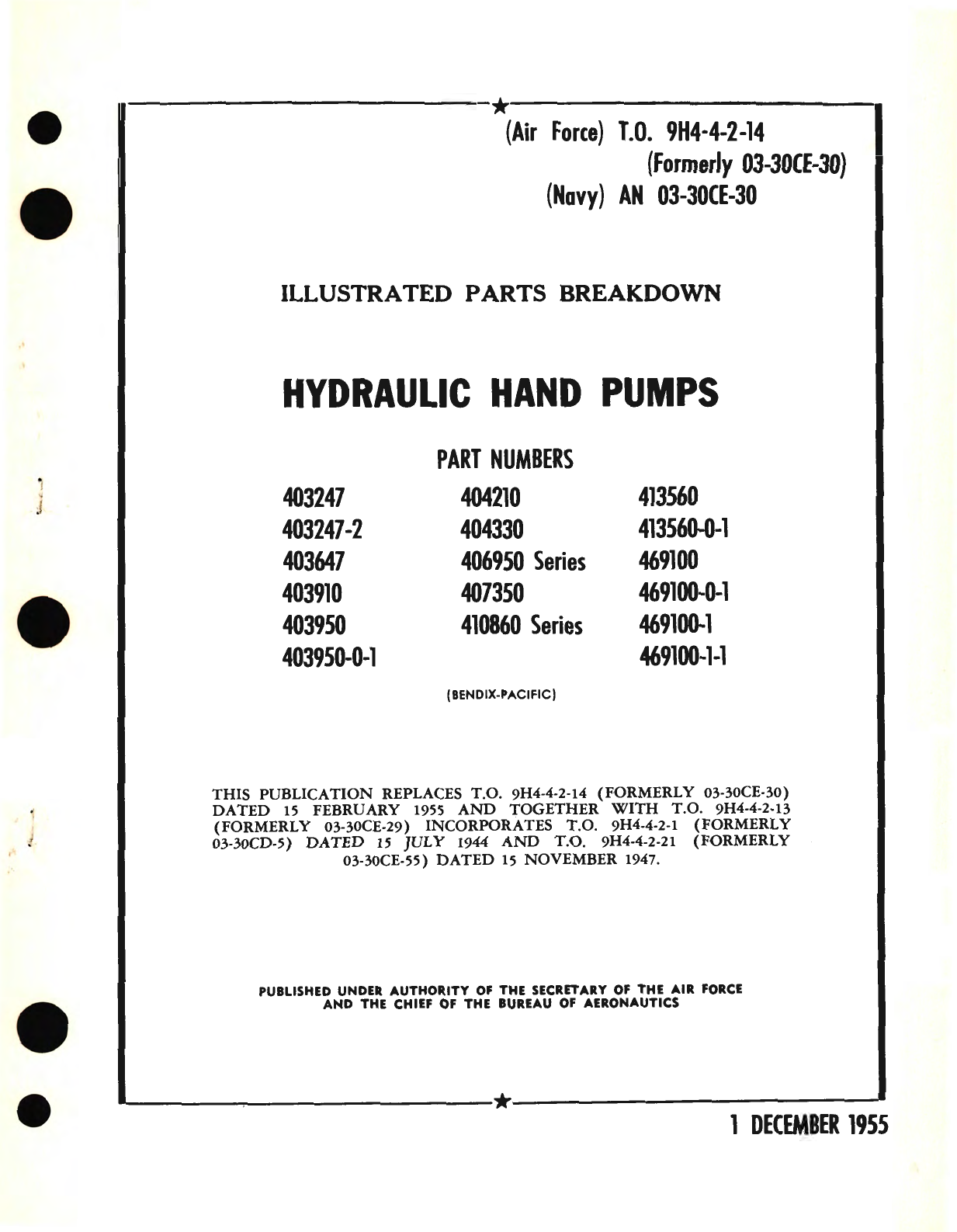 Sample page 1 from AirCorps Library document: Illustrated Parts Breakdown for Hydraulic Hand Pumps Part No. 403247, 404210, 413560, 404330, 403647, 406950, 469100, 403910, 407350, 403950, 410860 