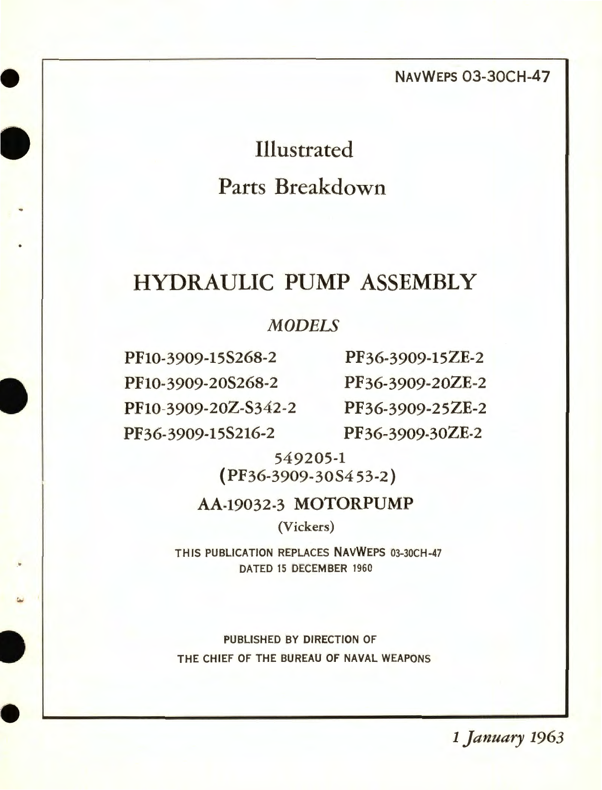 Sample page 1 from AirCorps Library document: Illustrated Parts Breakdown for Hydraulic Plump Assembly Models PF10-3909, AA-19032 Motorpump