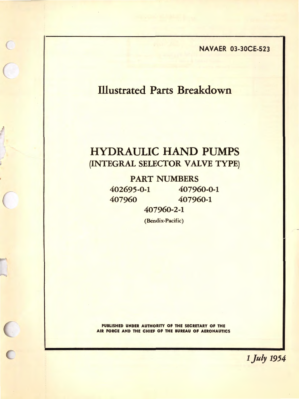 Sample page 1 from AirCorps Library document: Illustrated Parts Breakdown for Hydraulic Hand Pumps (Integral Selector Valve Type) Part No. 402695, 407960 