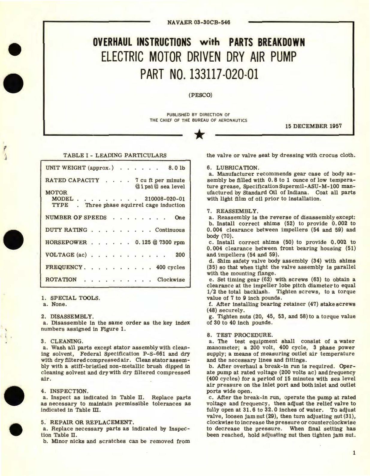 Sample page 1 from AirCorps Library document: Overhaul Instructions with Parts Breakdown for Electric Motor Driven Dry Air Pump Part No. 133117-020-01