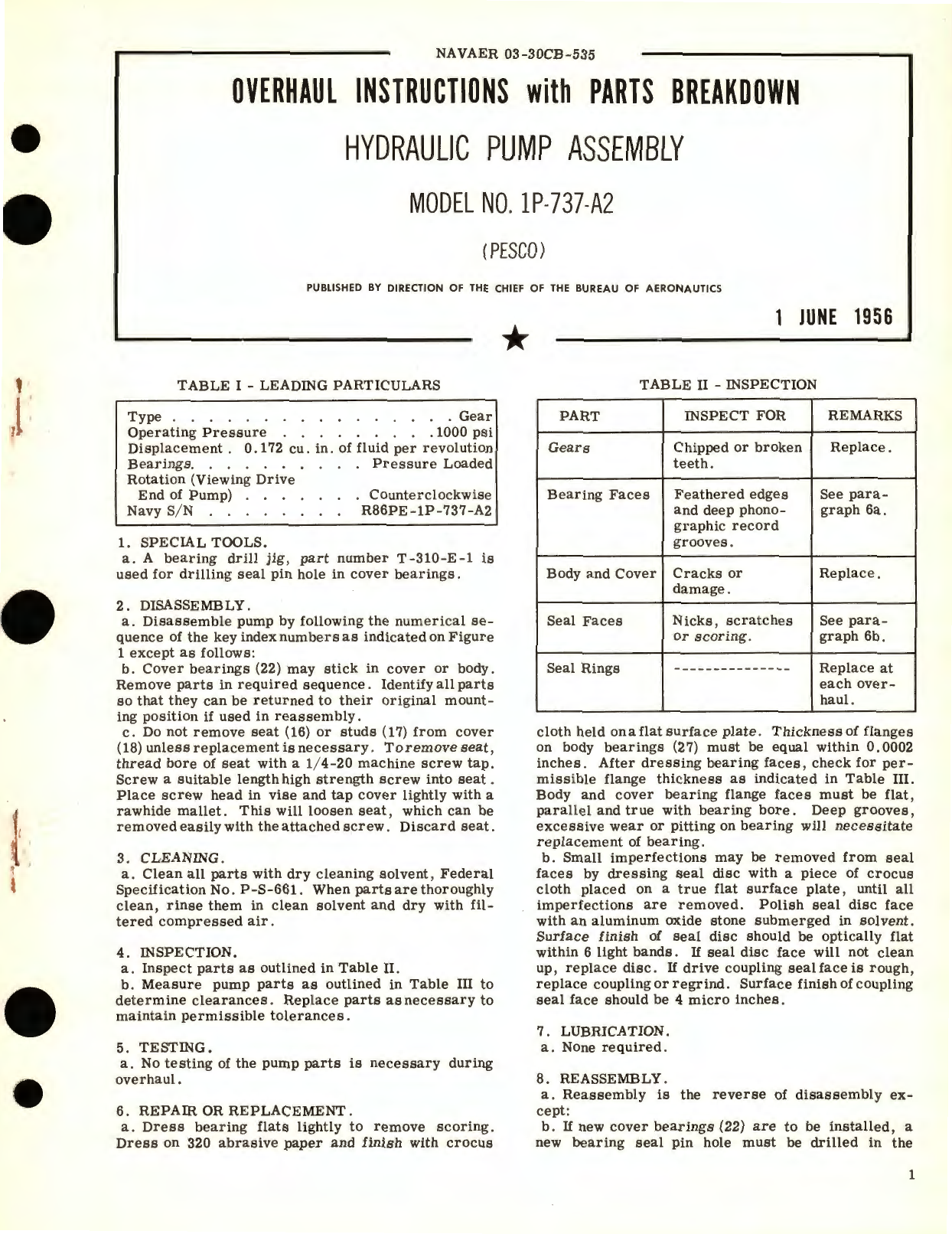 Sample page 1 from AirCorps Library document: Overhaul Instructions with Parts Breakdown for Hydraulic Pump for Hydraulic Pump Assembly Model No. 1P-737-A2