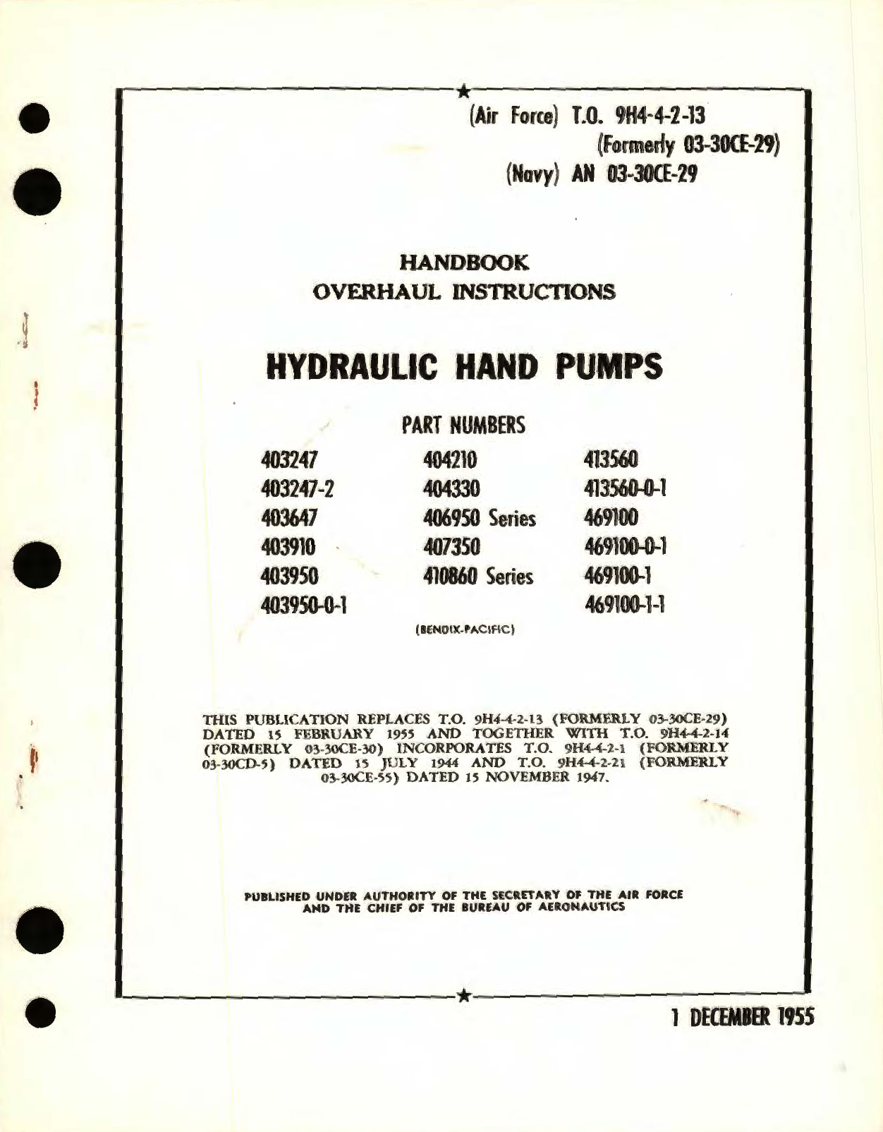 Sample page 1 from AirCorps Library document: Overhaul Instructions for Hydraulic Hand Pumps Part No. 403247, 404210, 413560, 404330, 403647, 406950, 469100, 403910, 407350, 403950, 410860