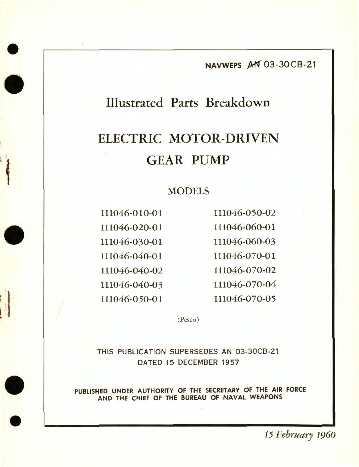 Sample page 1 from AirCorps Library document: Illustrated Parts Breakdown for Electric Motor-Driven Gear Pump Models 111046 