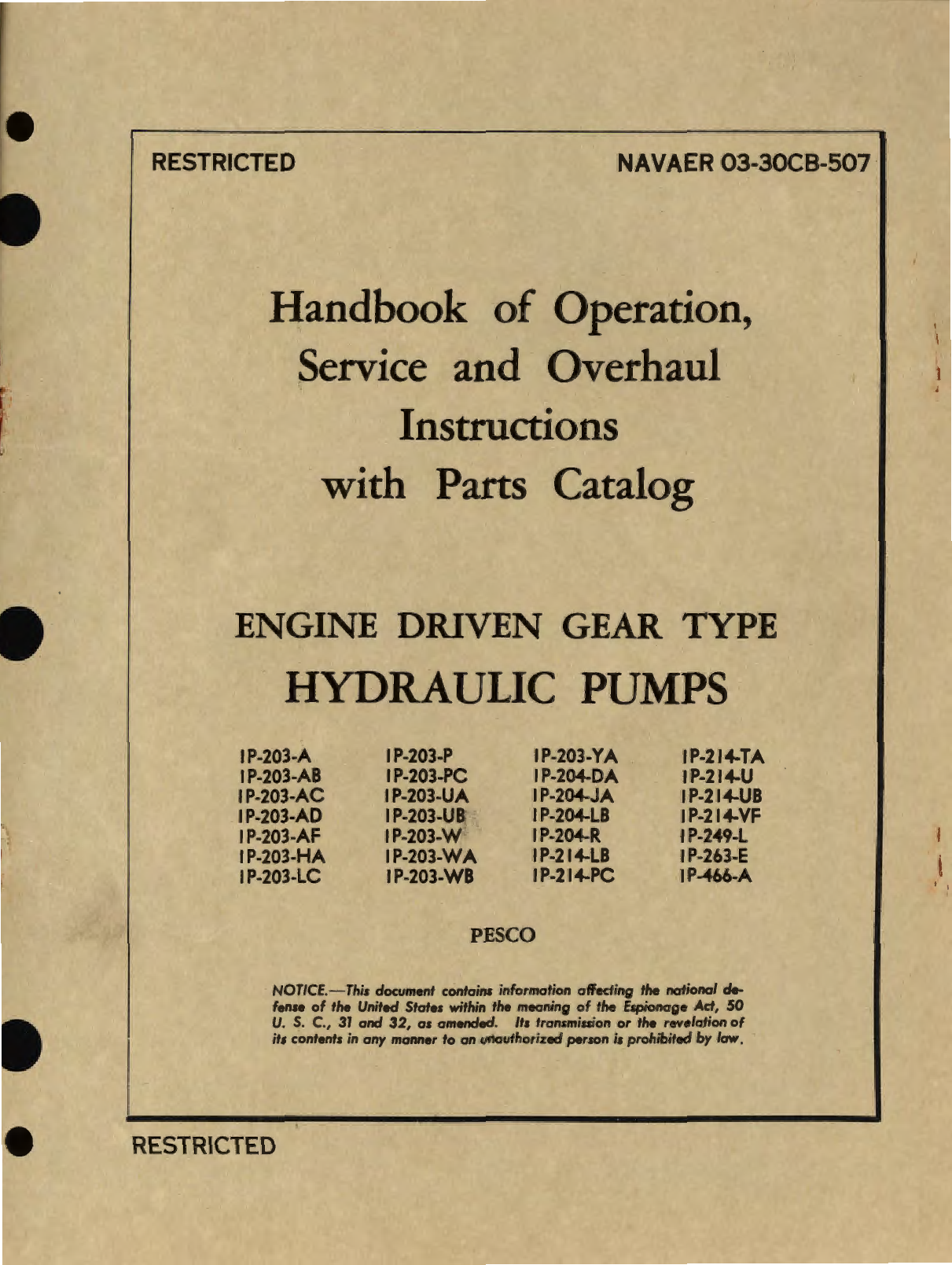 Sample page 1 from AirCorps Library document: Operation, Service and Overhaul Instructions with Parts Catalog for Engine Driven Gear Type Hydraulic Pumps IP-203, IP-204, IP-214, IP-249, IP263, IP-466