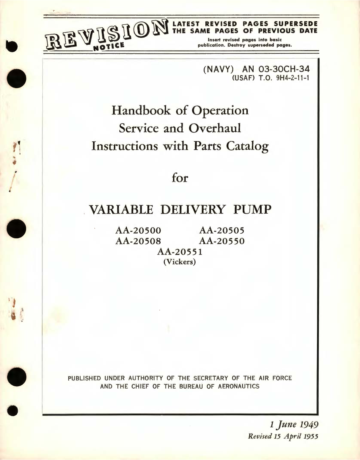 Sample page 1 from AirCorps Library document: Operation Service and Overhaul Instructions With Parts Catalog for Variable Delivery Pump AA, AA-20500, AA-20508, AA-20551, AA-20505, AA-20550 