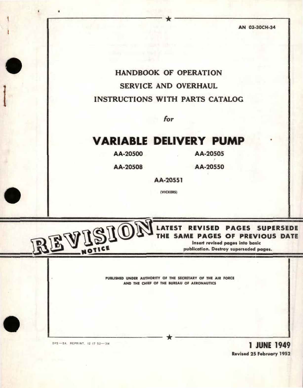 Sample page 1 from AirCorps Library document: Operation Service and Overhaul Instructions with Parts Catalog for Variable Delivery Pump AA-20500, AA-20508, AA-20551, AA-20505, AA-20550 