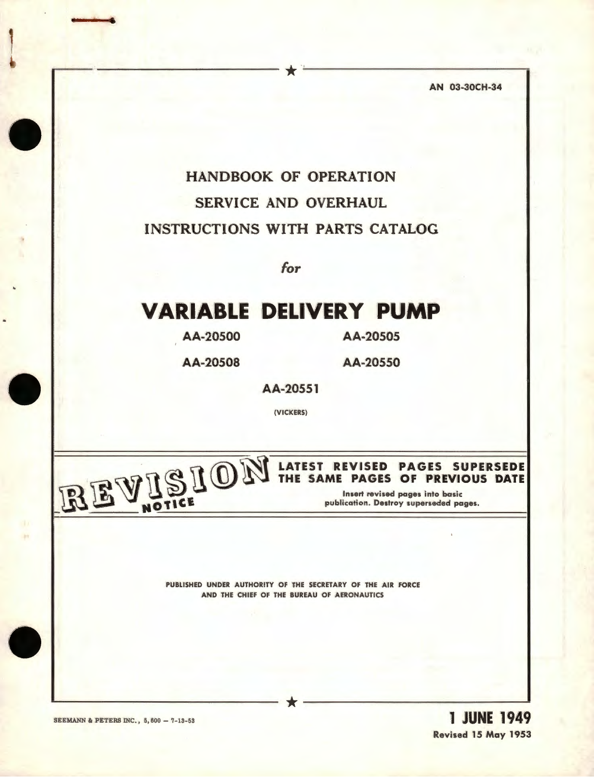 Sample page 1 from AirCorps Library document: Operation Service and Overhaul Instructions with Parts Catalog for Variable Delivery Pump AA-20500, AA-20508, AA-20551, AA-20505, AA-20550