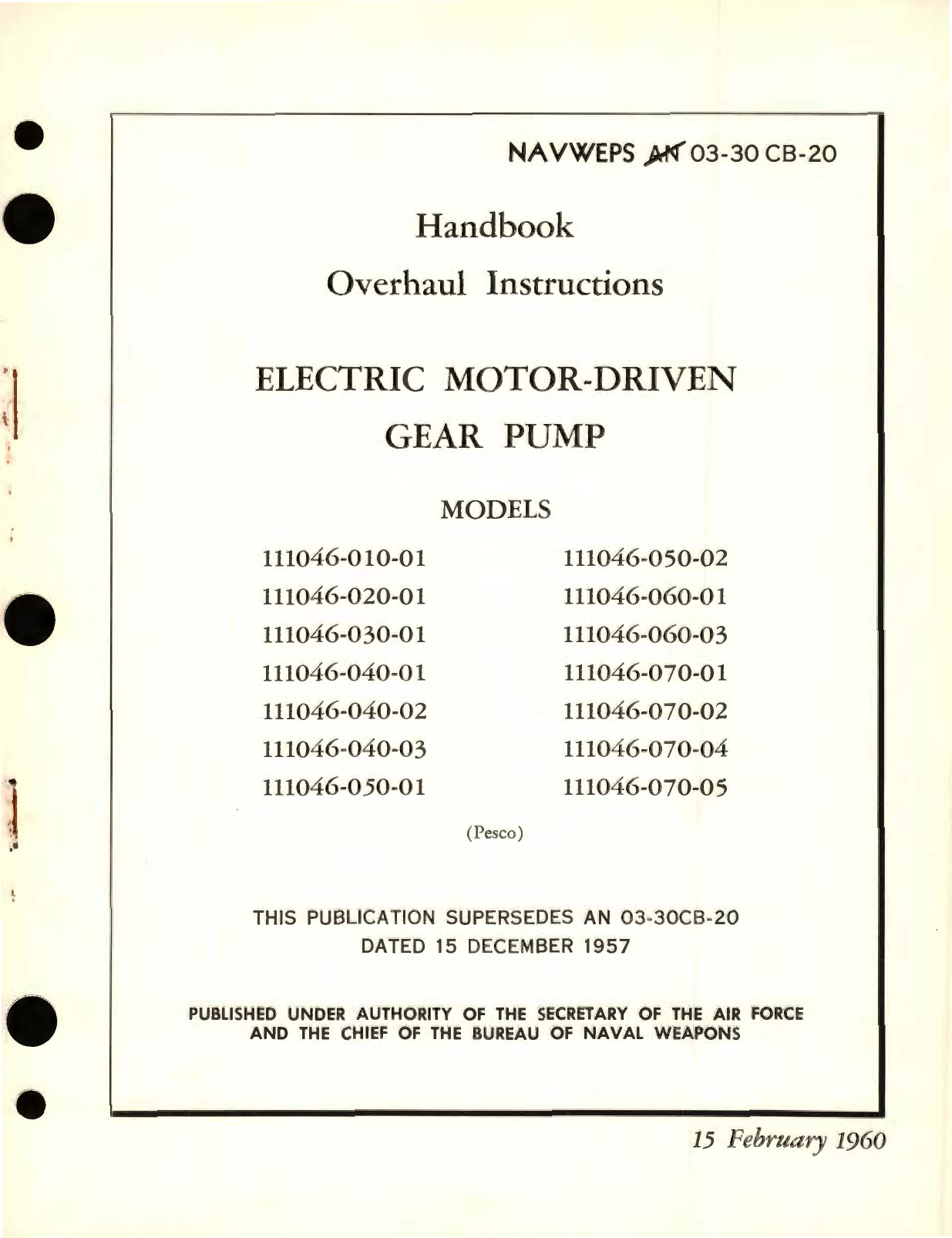 Sample page 1 from AirCorps Library document: Overhaul Instructions for Electric Motor-Driven Gear Pump Models 111046 