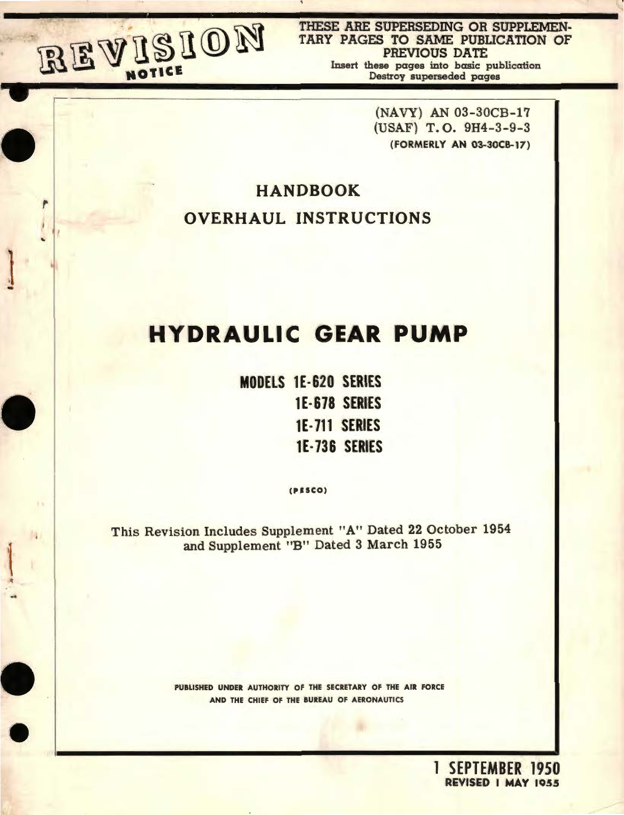 Sample page 1 from AirCorps Library document: Overhaul Instructions for Hydraulic Gear Pump Models 1E-620, 1E-678, 1E-711, 1E-736 Series