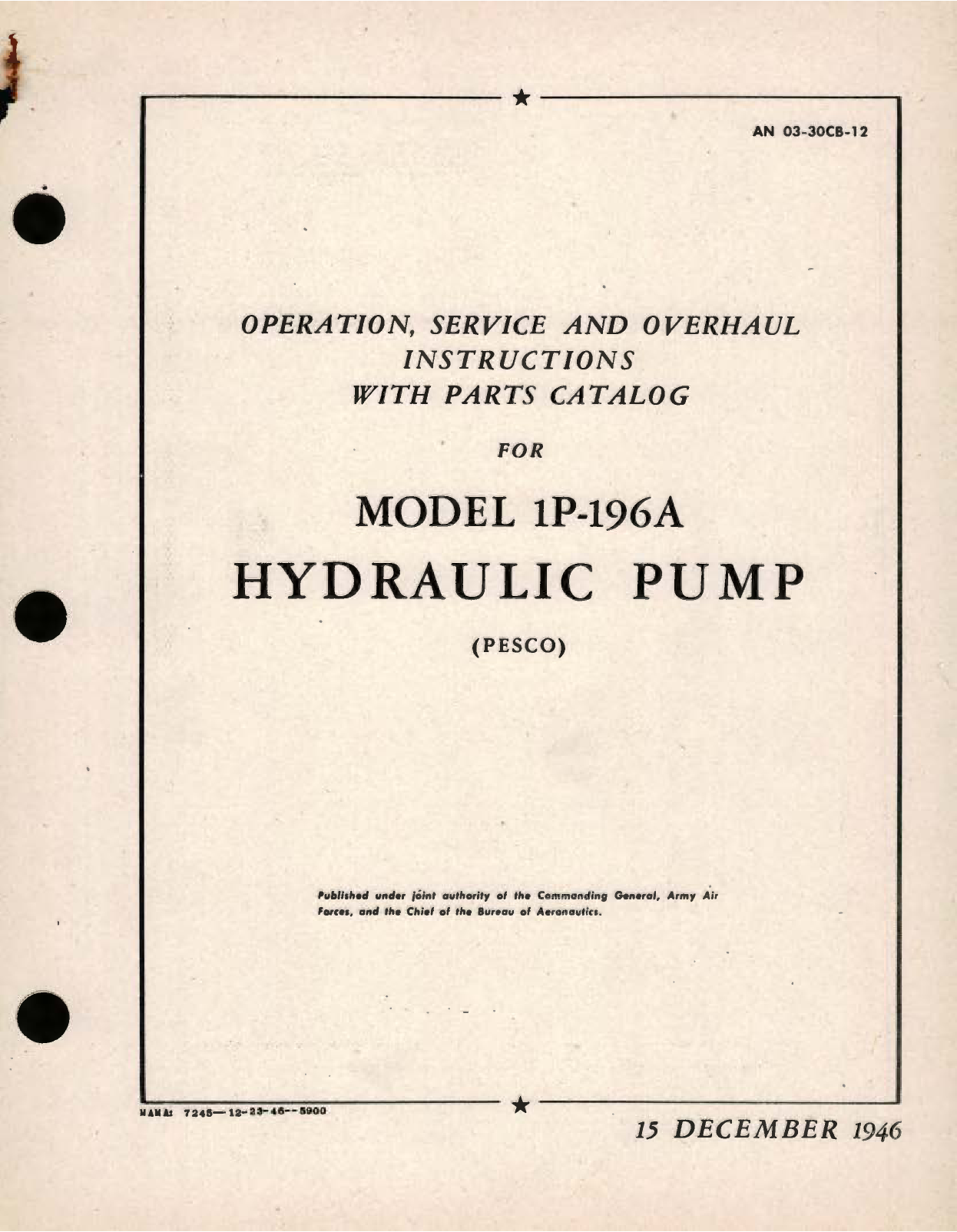 Sample page 1 from AirCorps Library document: Operation, Service and Overhaul Instructions with Parts Breakdown for Model 1P-196A Hydraulic Pump