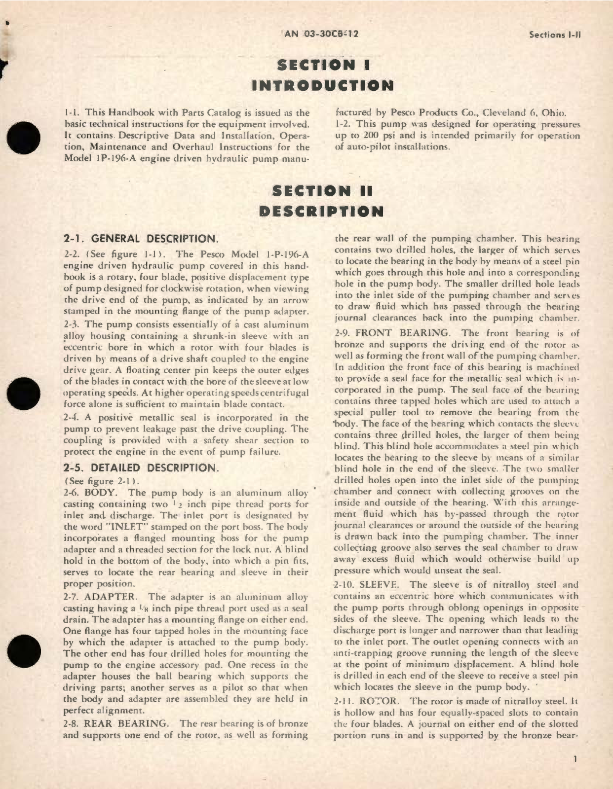 Sample page 5 from AirCorps Library document: Operation, Service and Overhaul Instructions with Parts Breakdown for Model 1P-196A Hydraulic Pump