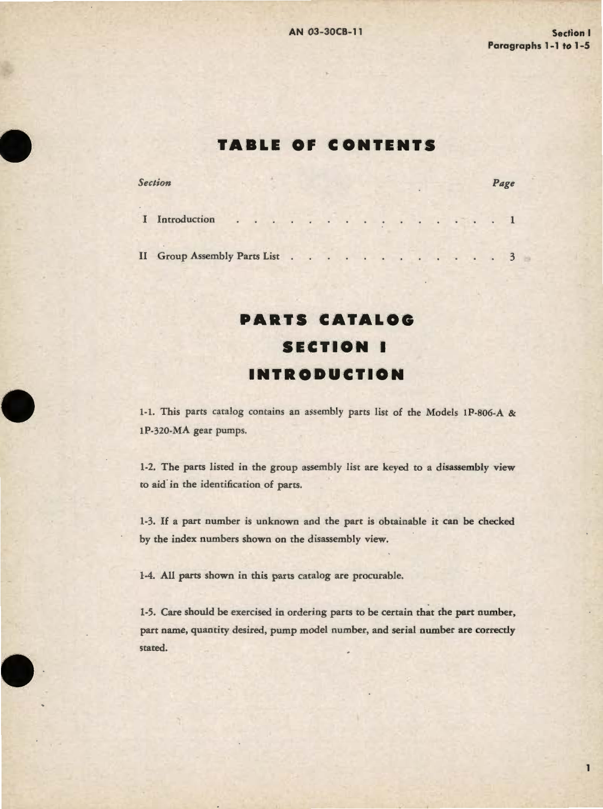 Sample page 3 from AirCorps Library document: Parts Catalog for Pressure-Loaded, Engine-Driven, Gear Type Hydraulic Pumps Models 1P-806-A and  P-320-MA 