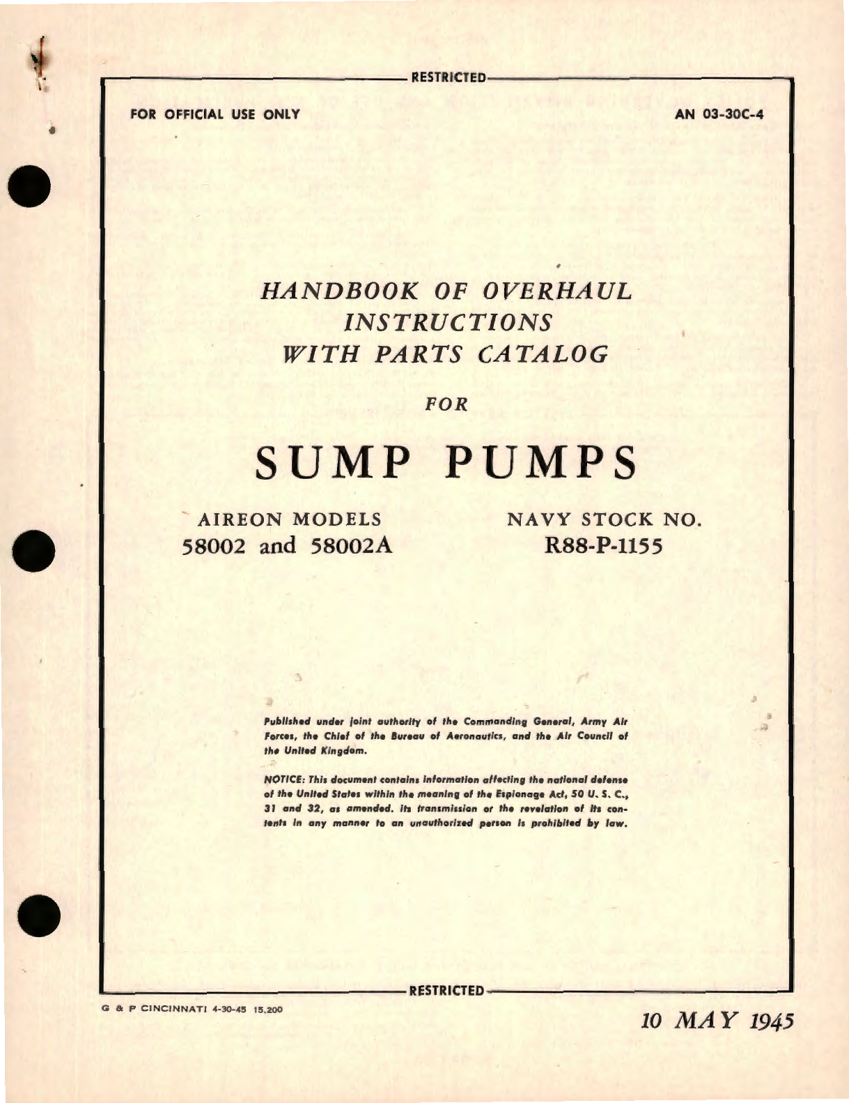 Sample page 1 from AirCorps Library document: Overhaul Instructions with Parts Catalog for Sump Pumps Aireon Models 58002 and 58002A