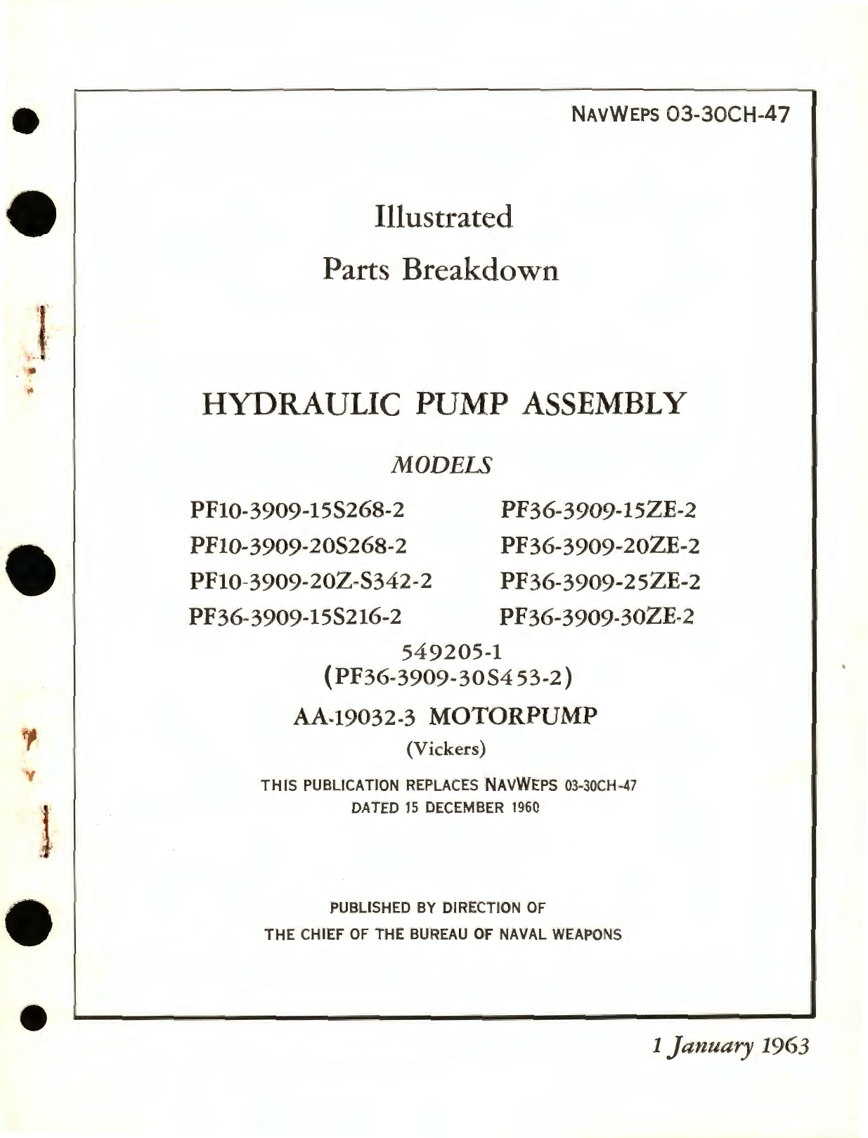 Sample page 1 from AirCorps Library document: Illustrated Parts Breakdown for Hydraulic Pump Assembly Models PF10-3909, PF36-3909, AA-19032 Motorpump