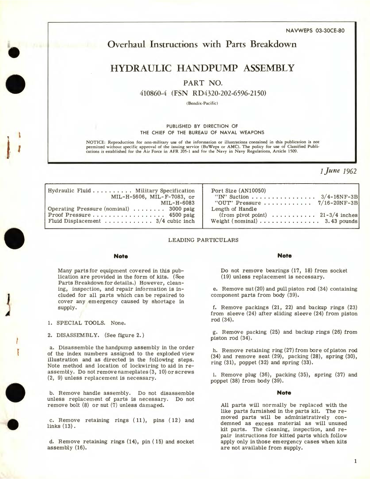 Sample page 1 from AirCorps Library document: Overhaul Instructions with Parts Breakdown for Hydraulic Handpump Assembly Part No. 410960-4 