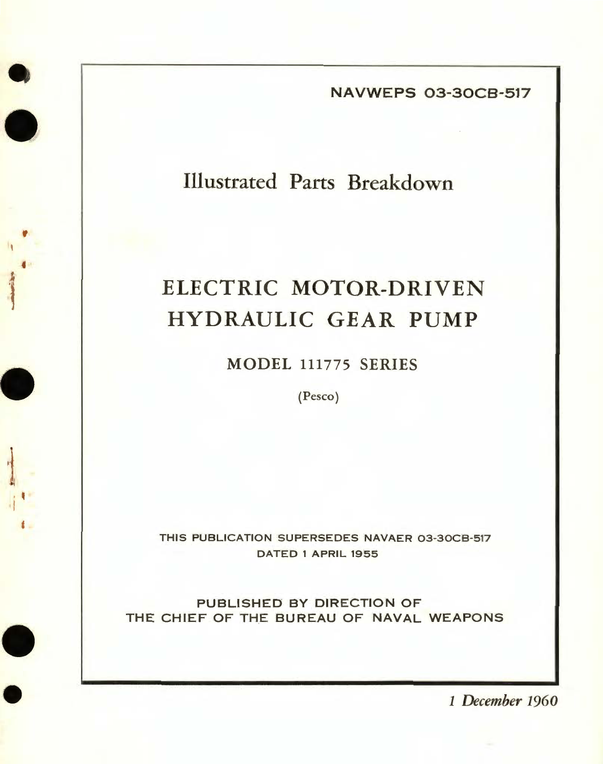 Sample page 1 from AirCorps Library document: Illustrated Parts Breakdown for Electric Motor-Driven Hydraulic Gear Pump Model 111775 