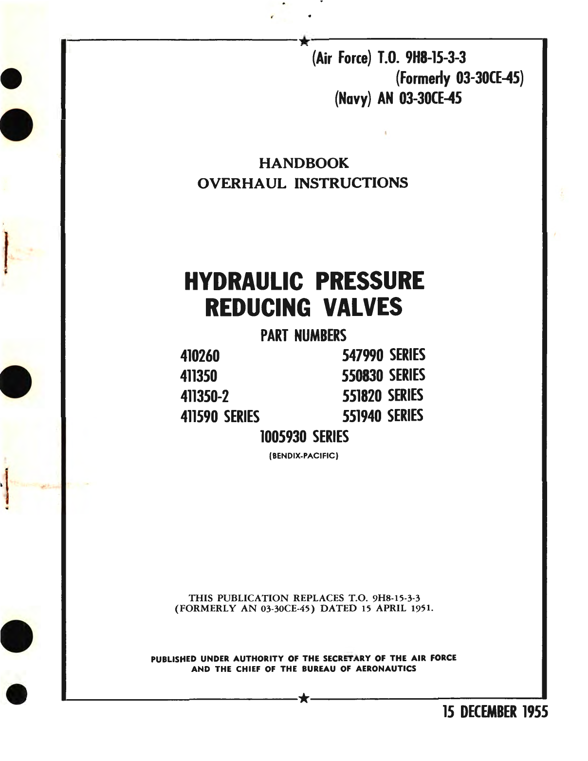 Sample page 1 from AirCorps Library document: Overhaul Instructions for Hydraulic Pressure Reducing Valves Part No. 410260, 547990 Series, 411350, 550830 Series, 411350-2, 551820 Series, 411590 Series, 551940 Series, 1005930 Series