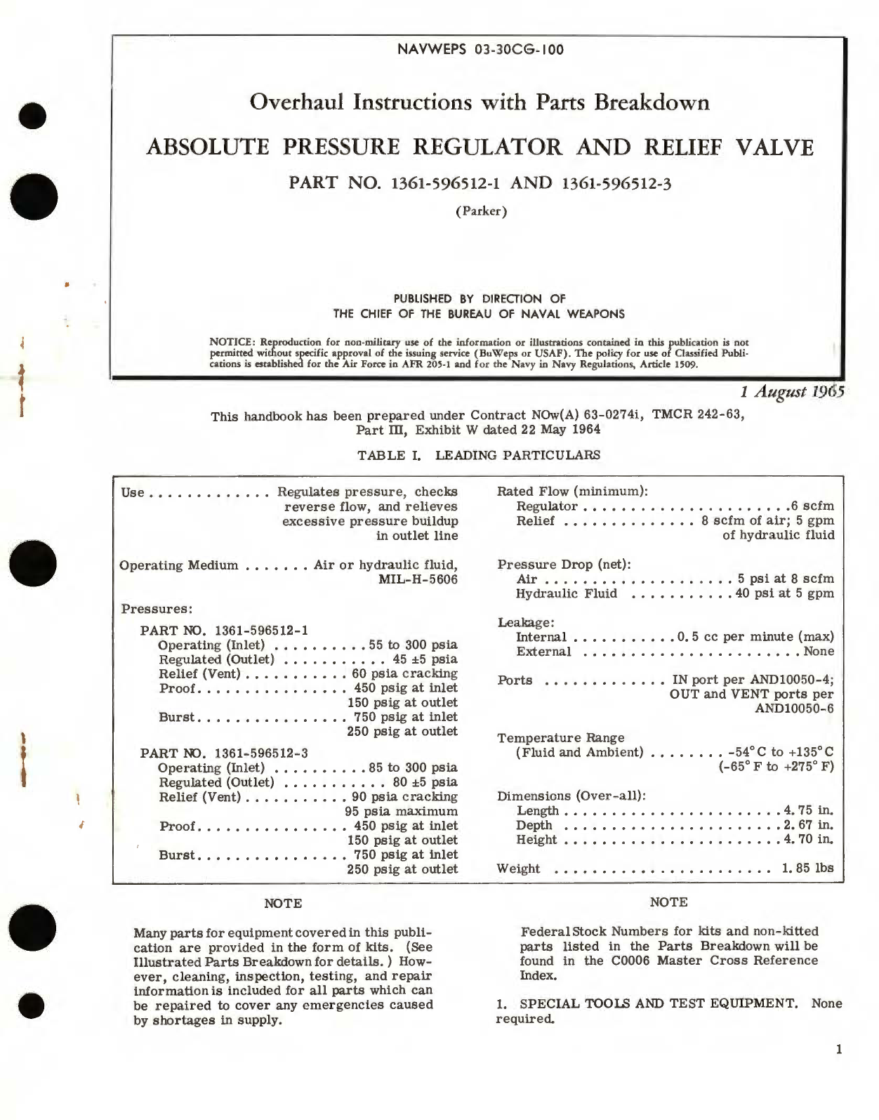 Sample page 1 from AirCorps Library document: Overhaul Instructions with Parts Breakdown for Absolute Pressure Regulator and Relief Valve, 1361-596512 