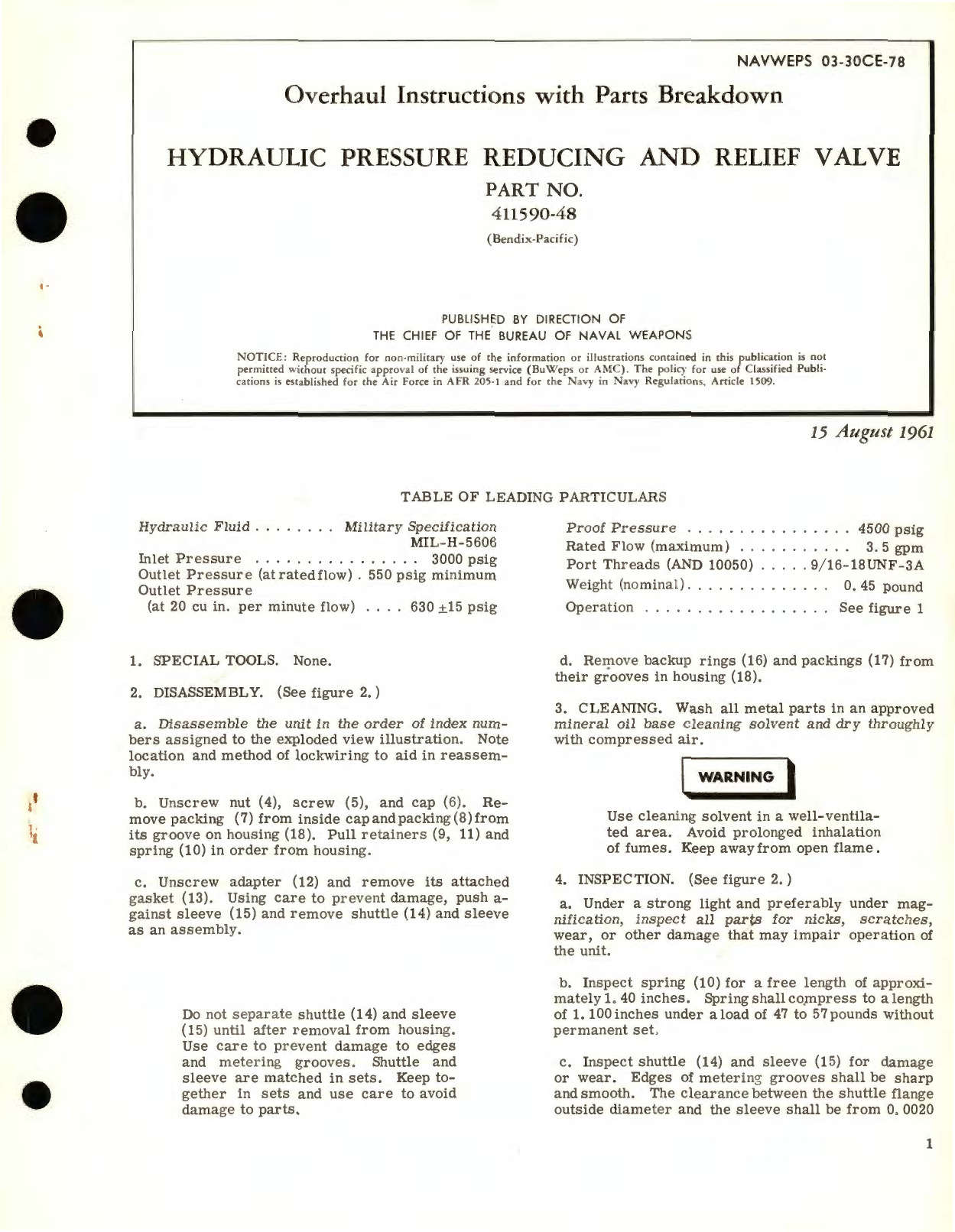 Sample page 1 from AirCorps Library document: Overhaul Instructions with Parts Breakdown for Hydraulic Pressure Reducing and Relief Valve Part No. 411590-48 