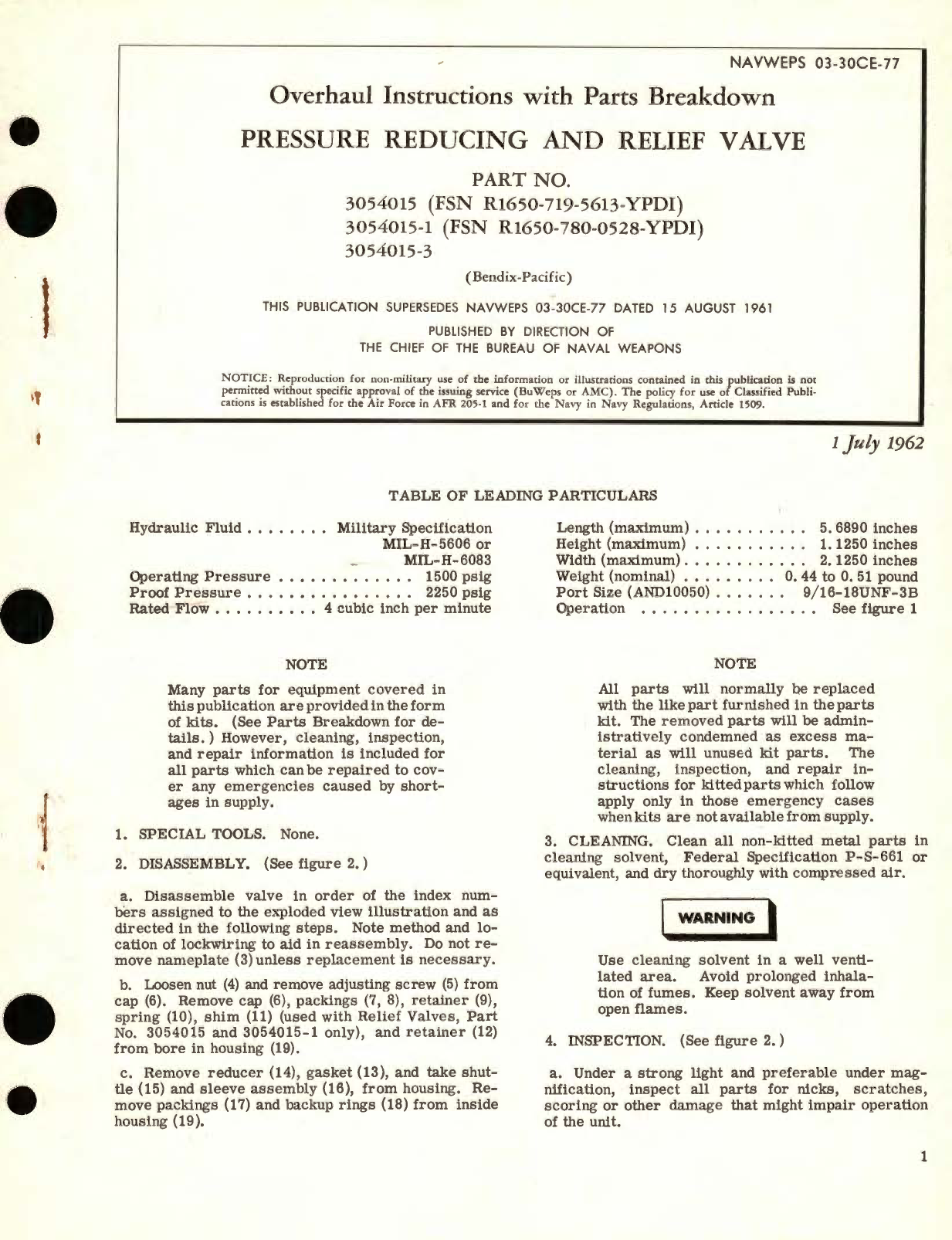 Sample page 1 from AirCorps Library document: Overhaul Instructions with Parts Breakdown for Pressure Reducing and Relief Valve Part No. 3054015 