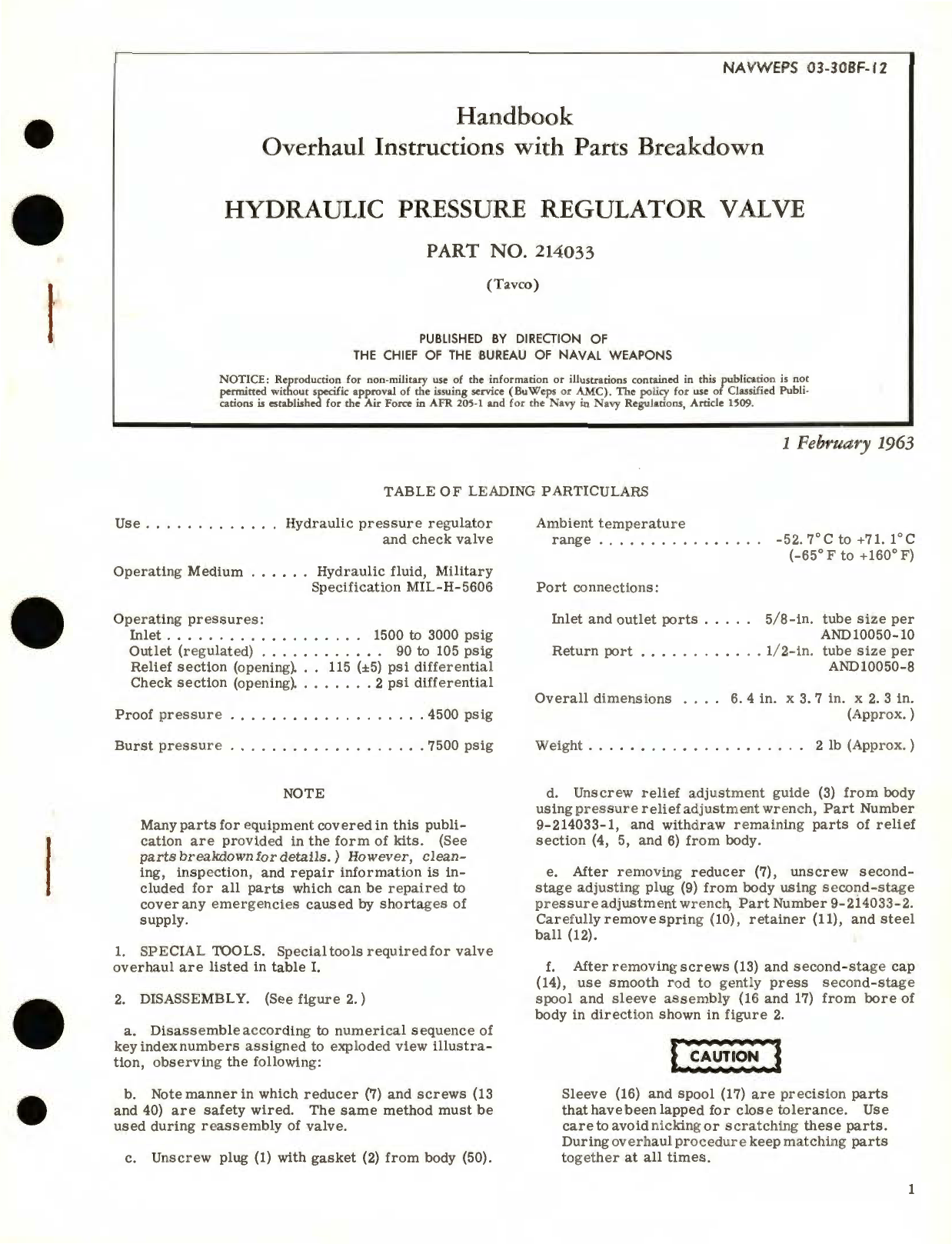 Sample page 1 from AirCorps Library document: Overhaul Instructions with Parts Breakdown for Hydraulic Pressure Regulator Valve Part No. 214033 