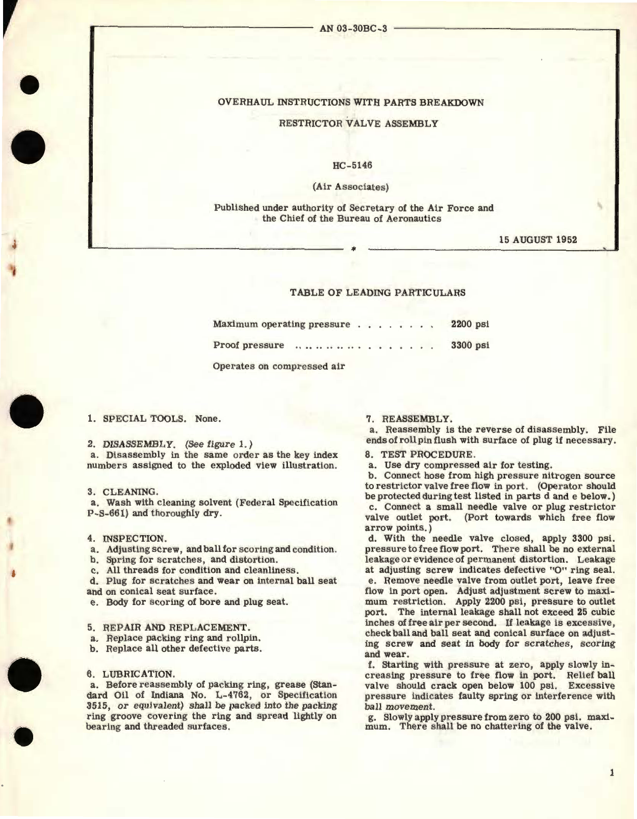 Sample page 1 from AirCorps Library document: Overhaul Instructions with Parts Breakdown for Restrictor Valve Assembly Part  No. HC-5146