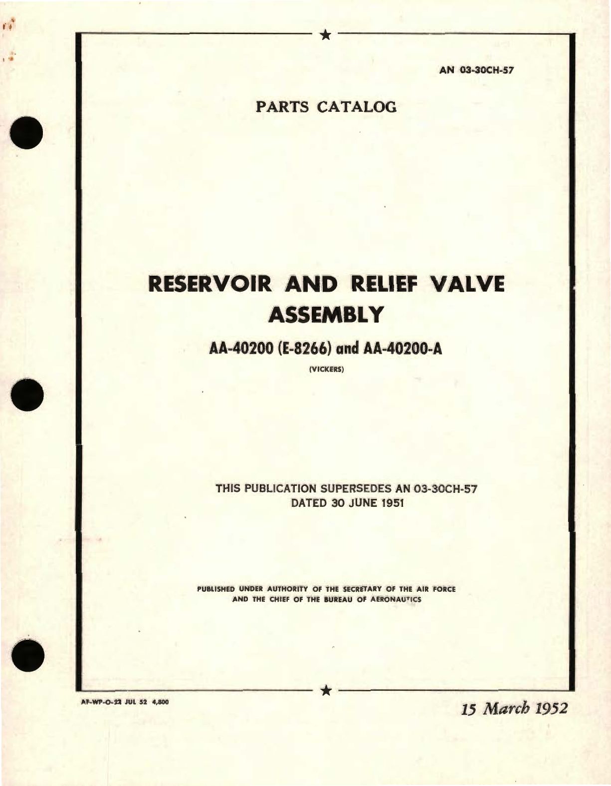 Sample page 1 from AirCorps Library document: Parts Catalog for Reservoir and Relief Valve Assembly AA-40200 (E-8266) and AA-40200-A