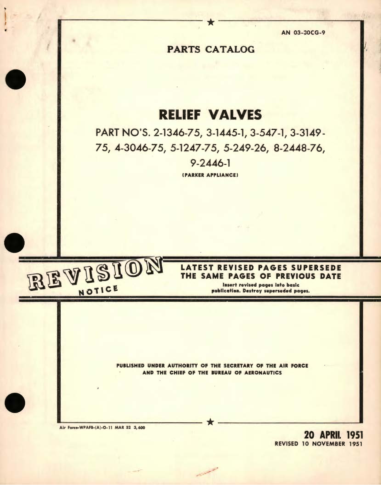 Sample page 1 from AirCorps Library document: Parts Catalog for Relief Valves Part No. 2-1346, 3-1445, 3-547, 3-3149, 4-3046, 5-1247, 5-249, 8-2448, 9-2446