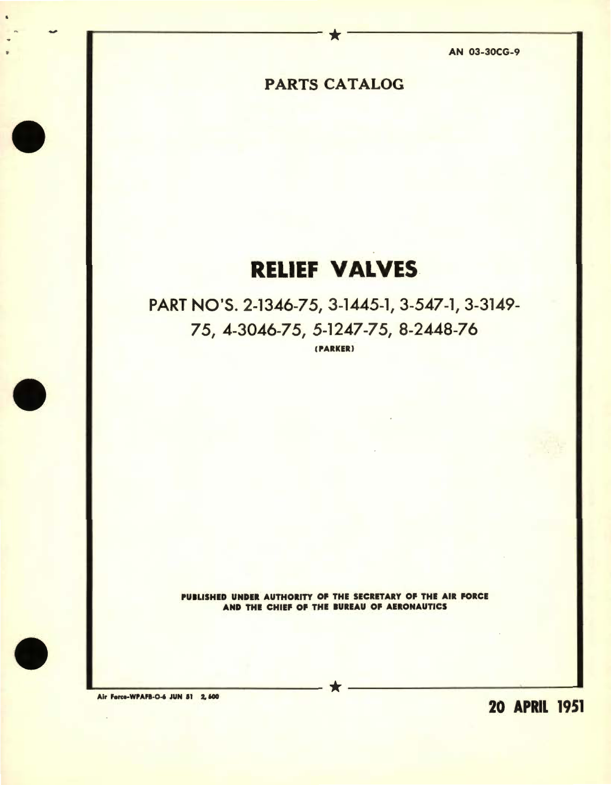 Sample page 1 from AirCorps Library document: Parts Catalog for Relief Valves Part No. 2-1346, 3-1445, 3-547, 3-3149- 4-3046, 5-1247, 8-2448