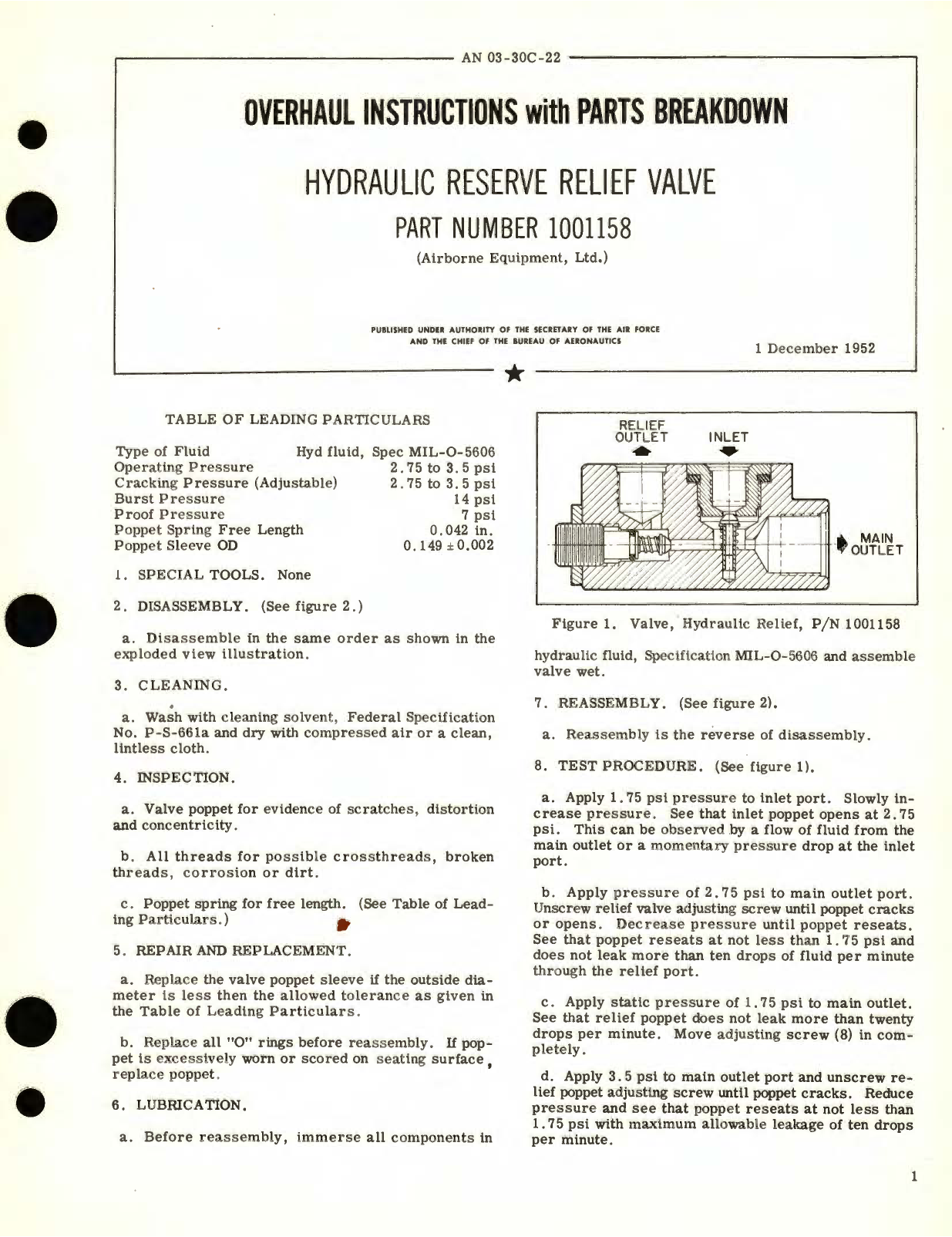 Sample page 1 from AirCorps Library document: Overhaul Instructions with Parts Breakdown for Hydraulic Reserve Relief Valve Part No. 1001158 