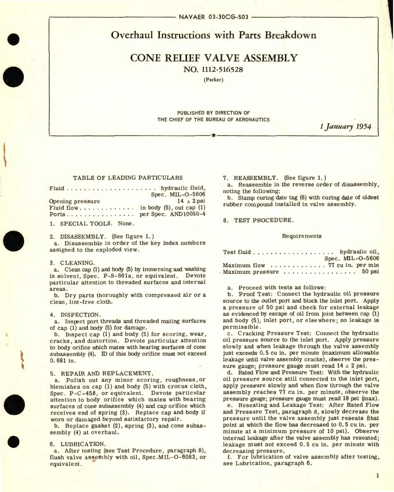 Sample page 1 from AirCorps Library document: Overhaul Instructions with Parts Breakdown for Cone Relief Valve Assembly Part No. 1112-516528 