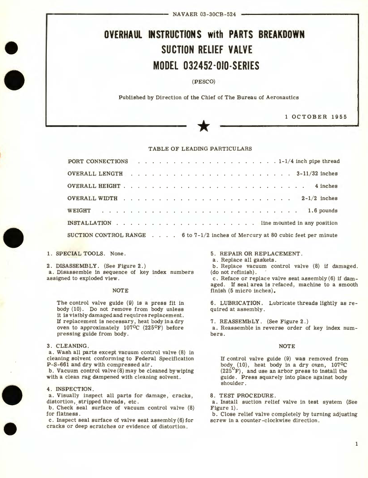 Sample page 1 from AirCorps Library document: Overhaul Instructions with Parts Breakdown for Suction Relief valve Model 032452-010-Series 