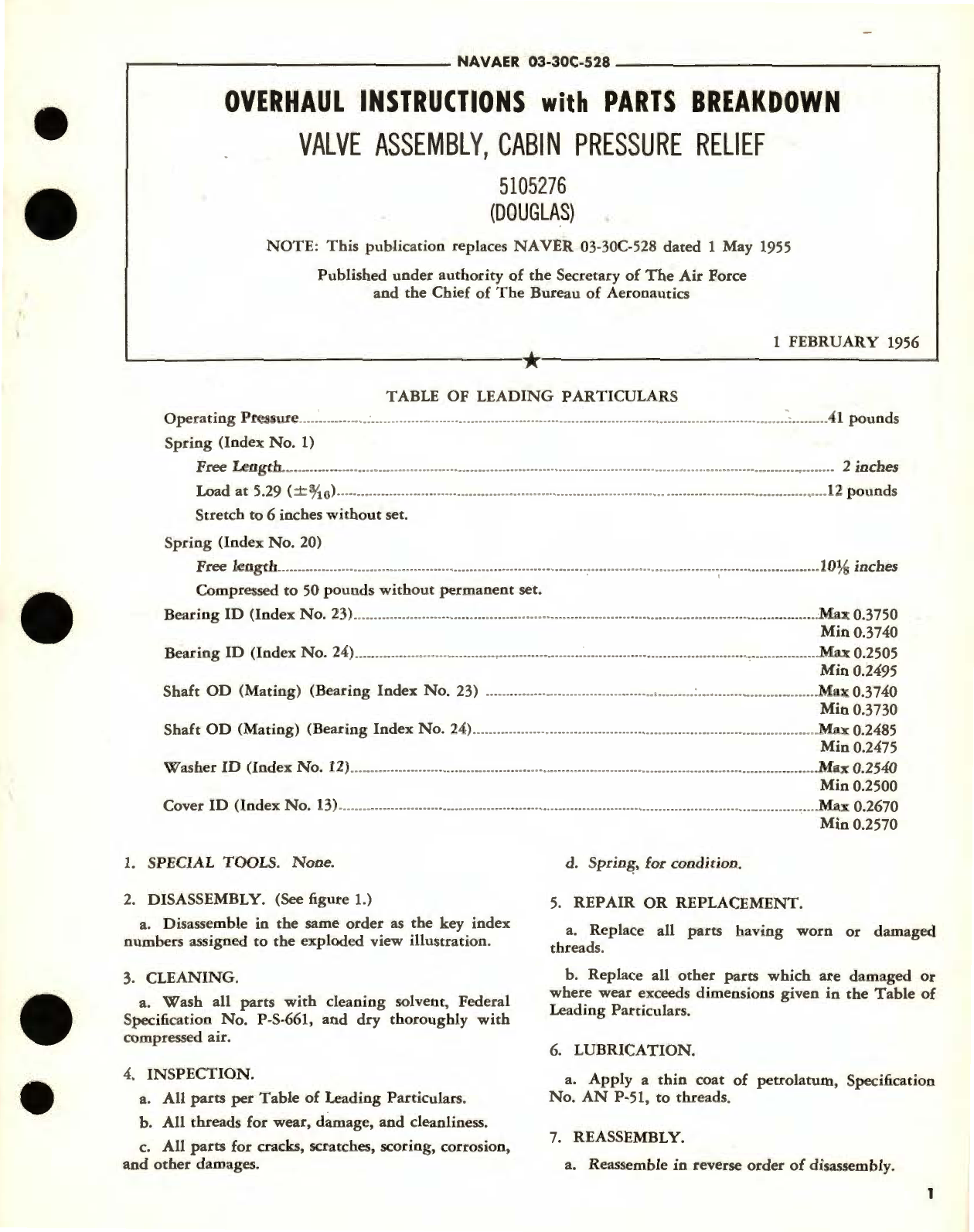 Sample page 1 from AirCorps Library document: Overhaul Instructions with Parts Breakdown for Valve Assembly, Cabin Pressure Relief Part No. 5105276 