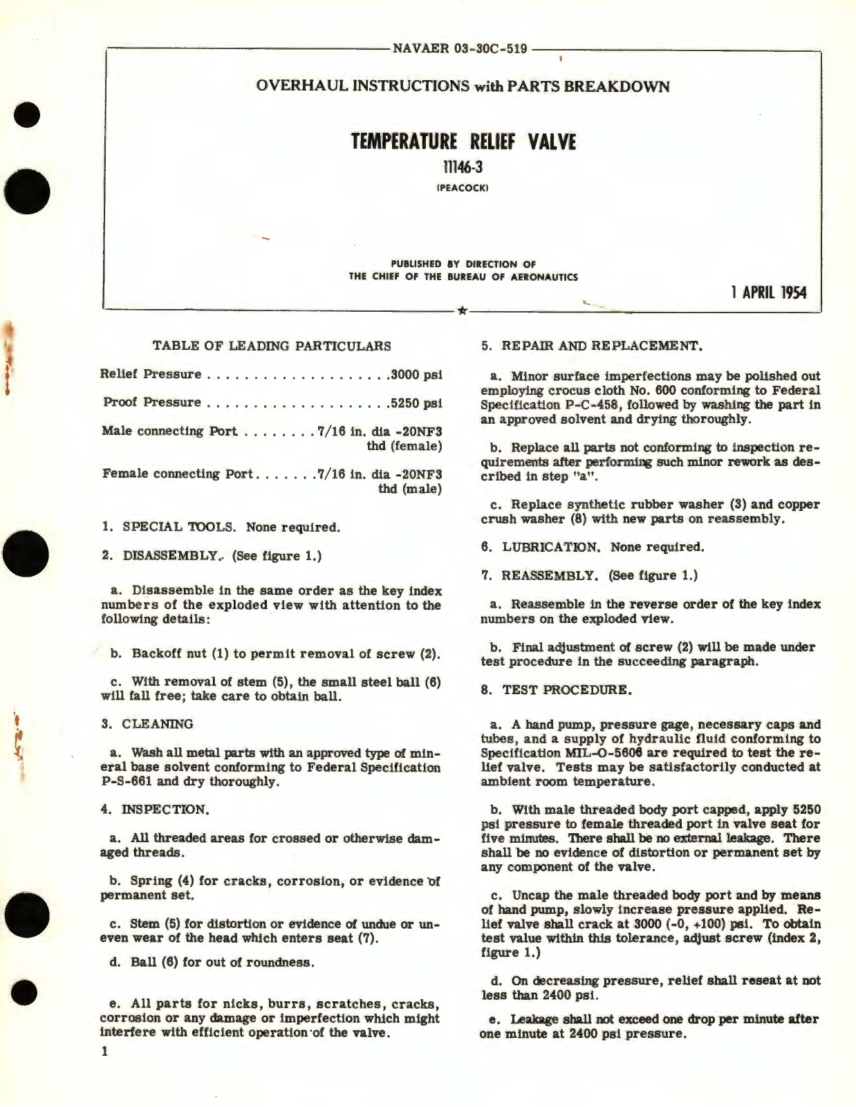 Sample page 1 from AirCorps Library document: Overhaul Instructions with Parts Breakdown  for Temperature Relief Valve Part No. 11146-3 