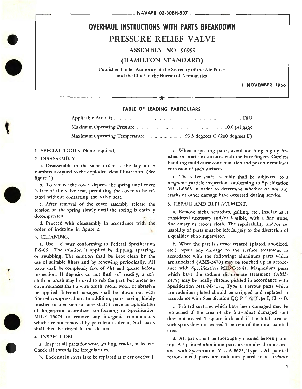 Sample page 1 from AirCorps Library document: Overhaul Instructions with Parts Breakdown for Pressure Relief Valve Assembly No. 96999