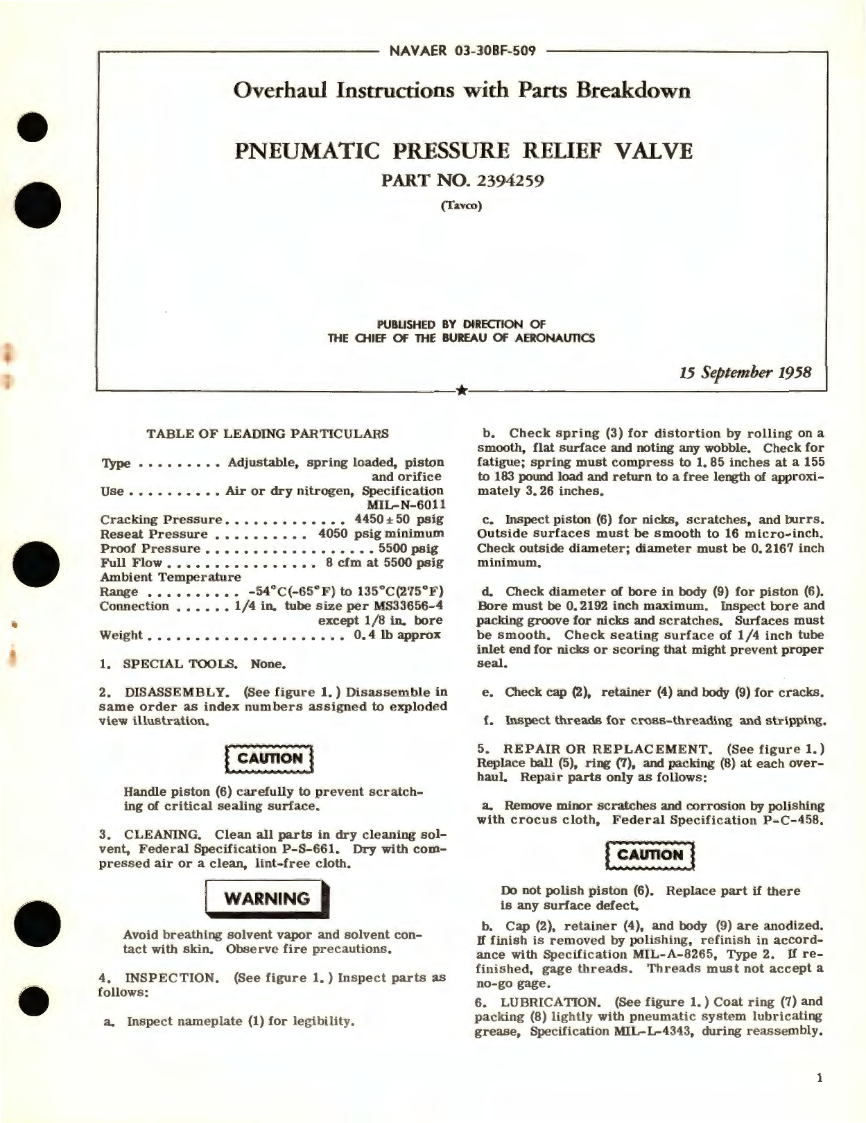 Sample page 1 from AirCorps Library document: Overhaul Instructions with Parts Breakdown for Pneumatic Pressure Relief Valve Part No. 2394259 