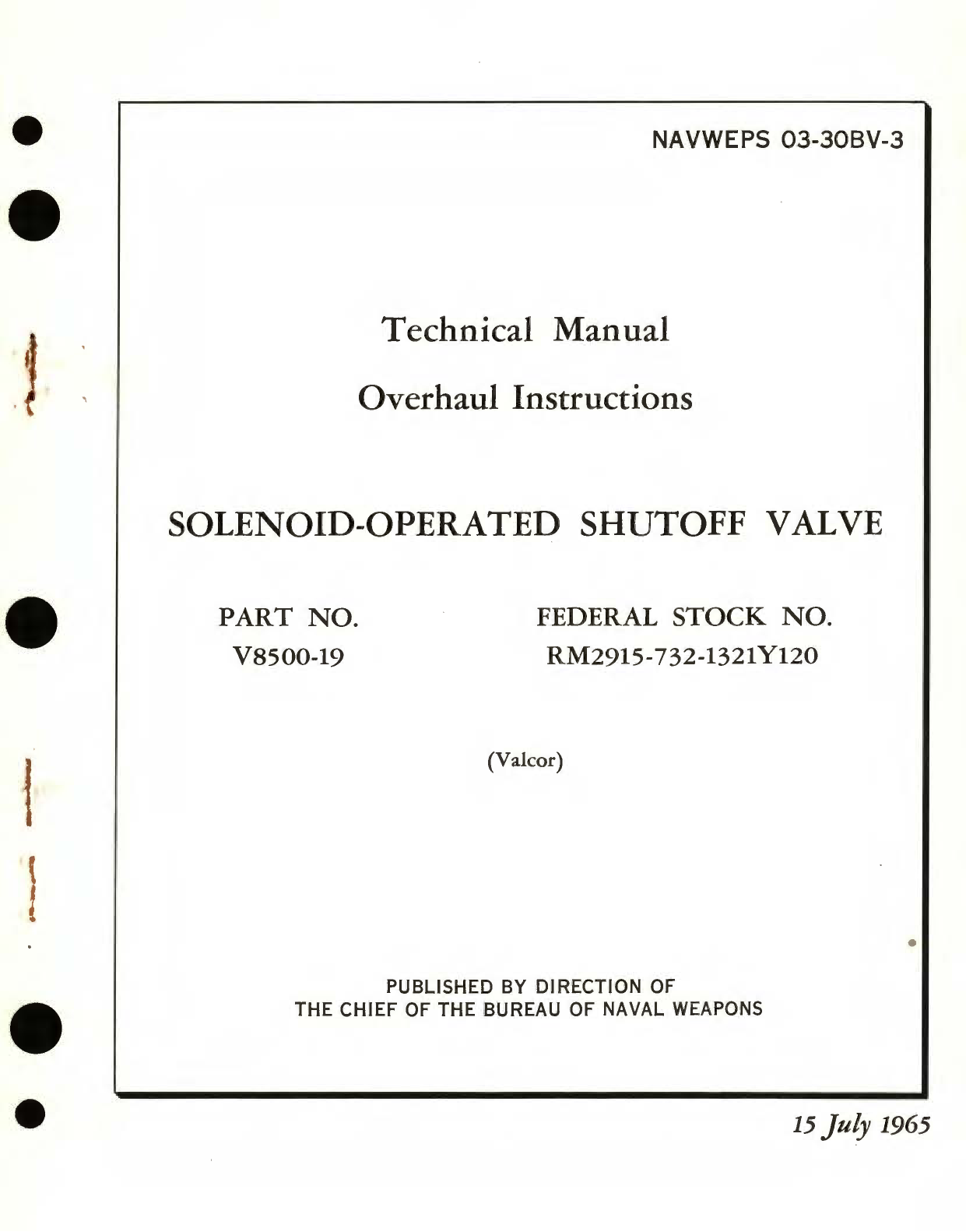 Sample page 1 from AirCorps Library document: Overhaul Instructions for Solenoid-Operated Shutoff Valve Part No. V8500-19 