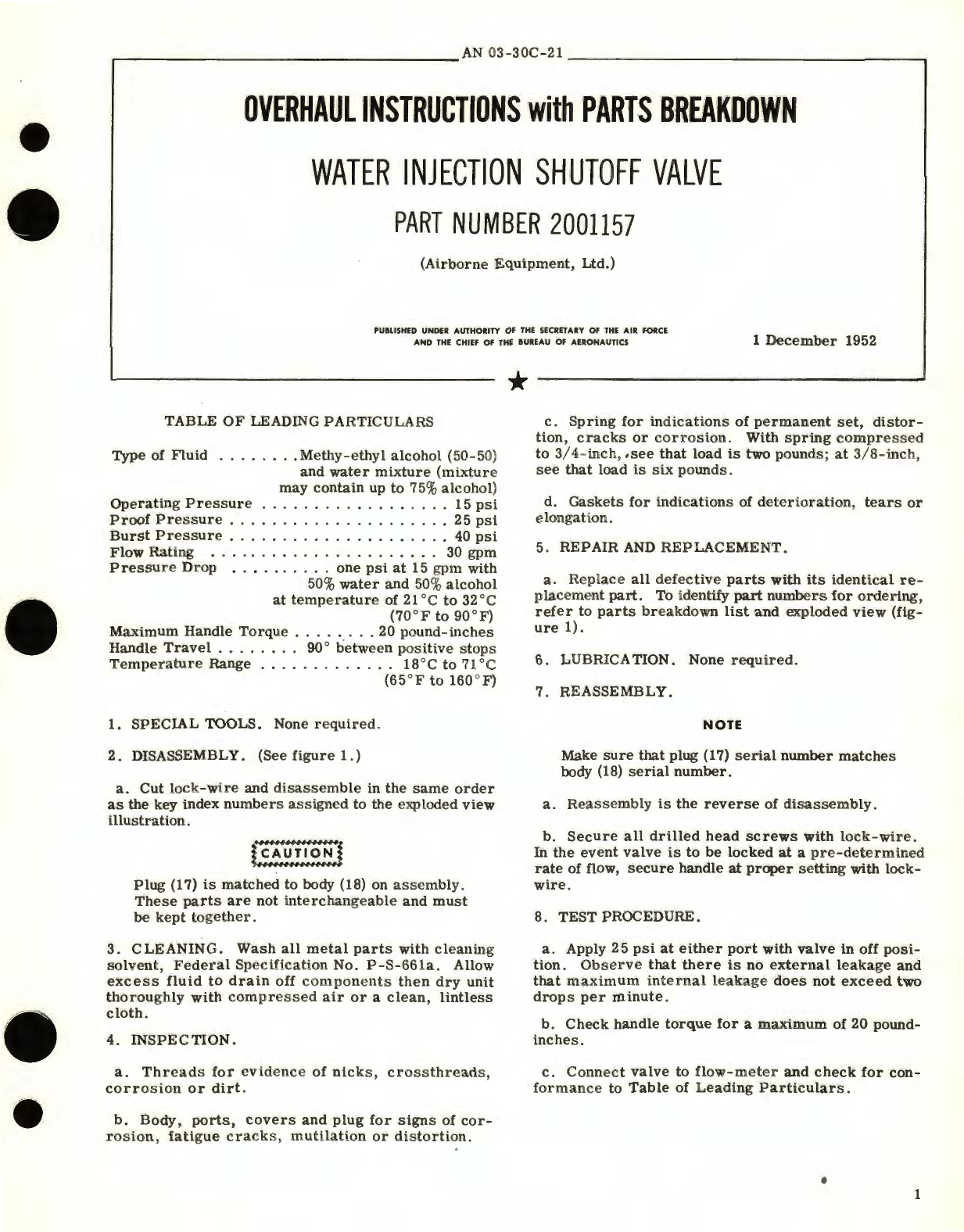 Sample page 1 from AirCorps Library document: Overhaul Instructions with Parts Breakdown for Water Injection Shutoff Valve Part No 201157