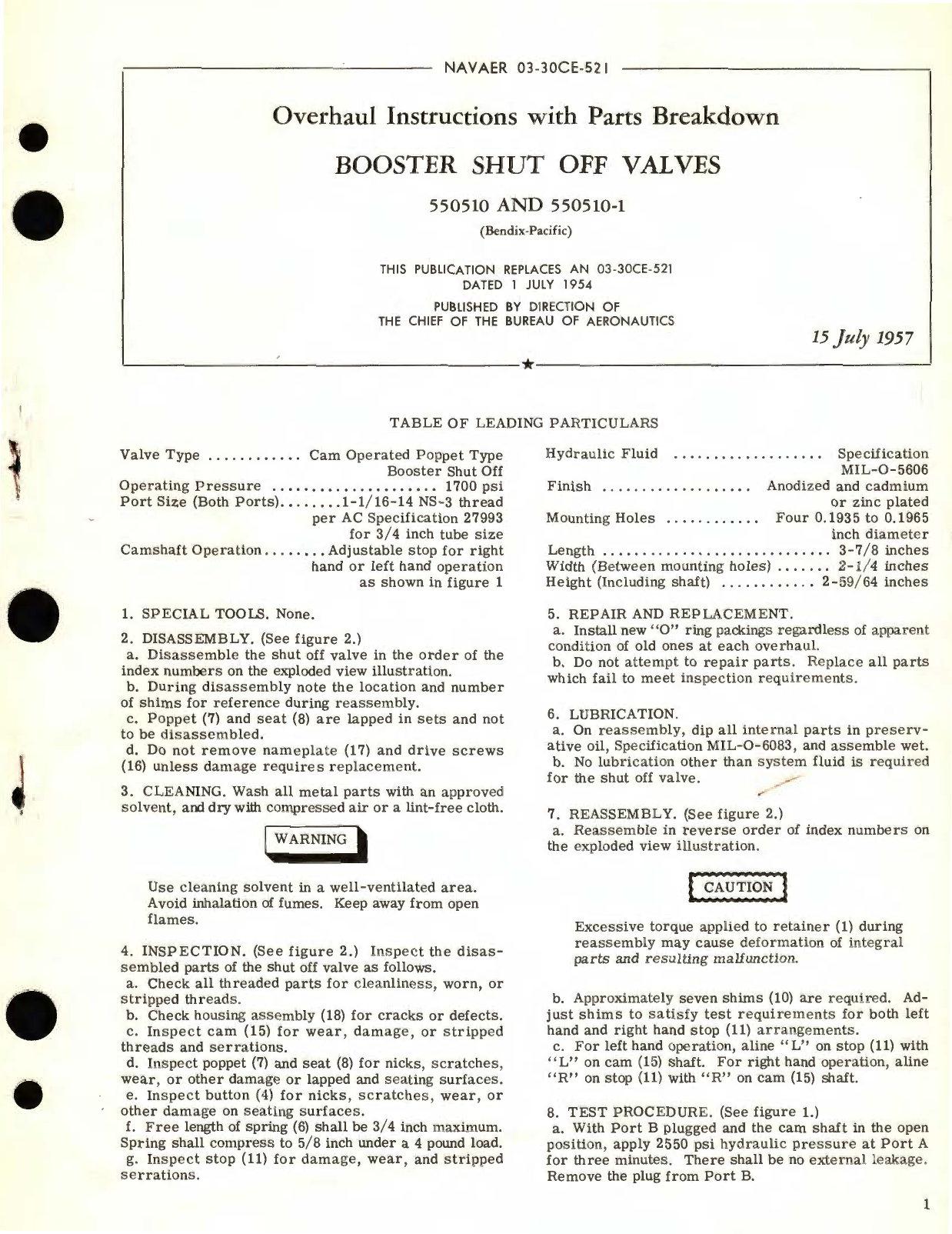 Sample page 1 from AirCorps Library document: Overhaul Instructions with Parts Breakdown for Booster Shut Off Valves 550510 