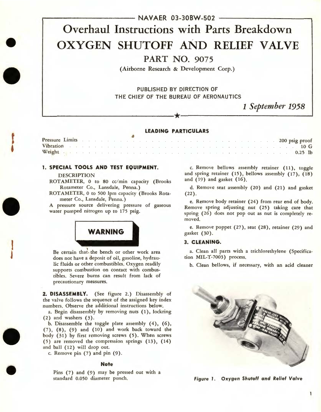 Sample page 1 from AirCorps Library document: Overhaul Instructions with Parts Breakdown for Oxygen Shutoff and Relief Valve Part No. 9075