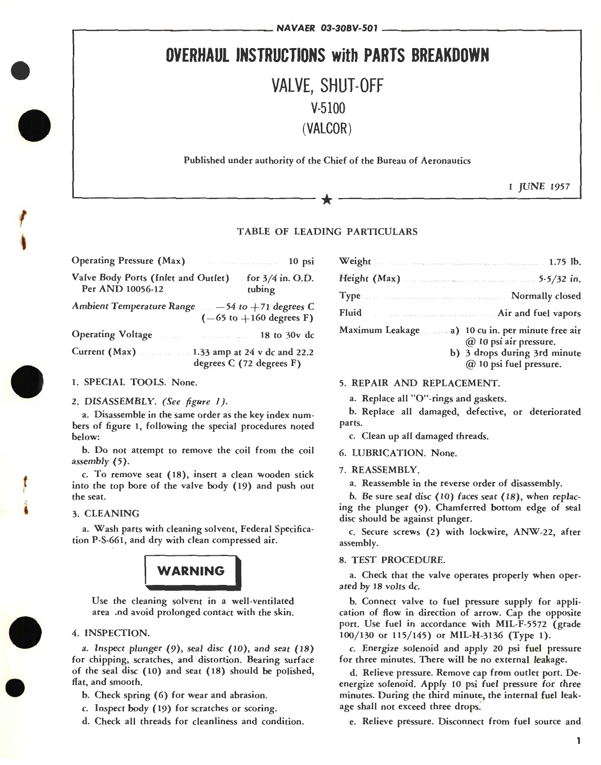 Sample page 1 from AirCorps Library document: Overhaul Instructions with Parts Breakdown for Valve, Shut-Off V-5100 