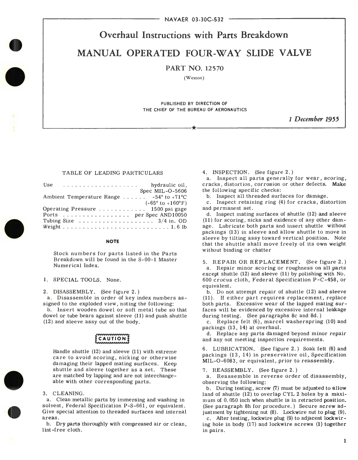 Sample page 1 from AirCorps Library document: Overhaul Instructions with Parts Breakdown for Manual Operated Four-Way Slide Valve Part No. 12570