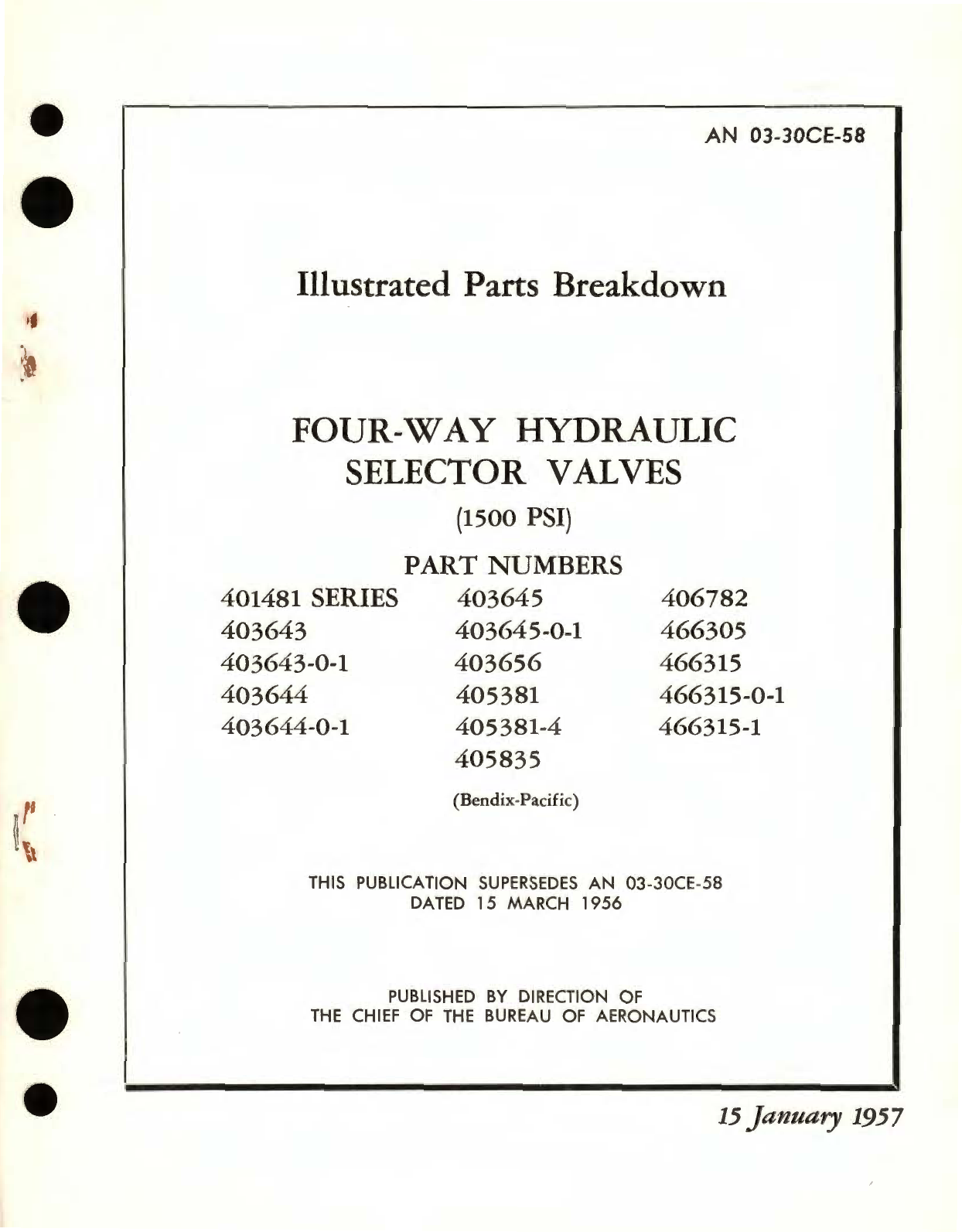 Sample page 1 from AirCorps Library document: Ilst Parts Bkdn for Four-Way Hydraulic Selector Valves (1500 PSI) Part No. 401481