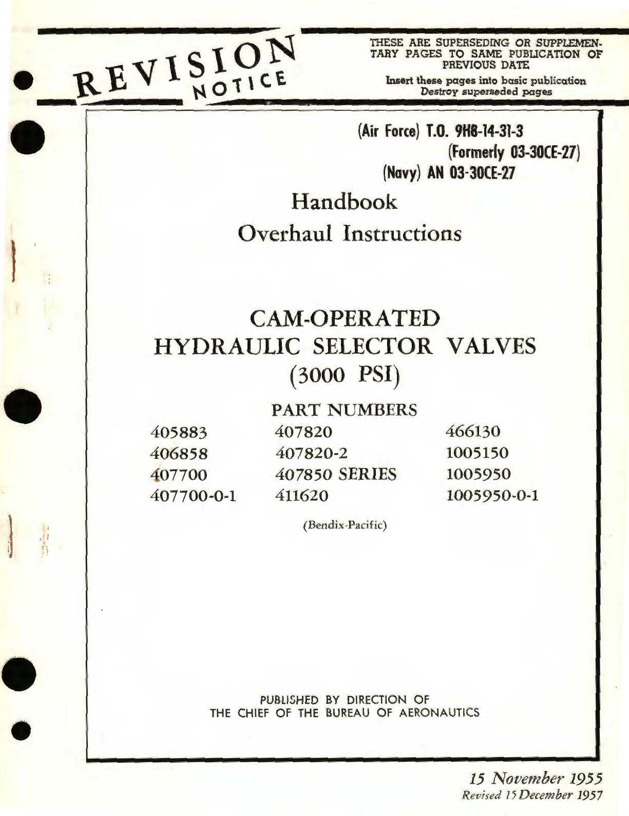 Sample page 1 from AirCorps Library document: Overhaul Instructions for Cam-Operated Hydraulic Selector Valves (3000 PSI) Part No. 405883