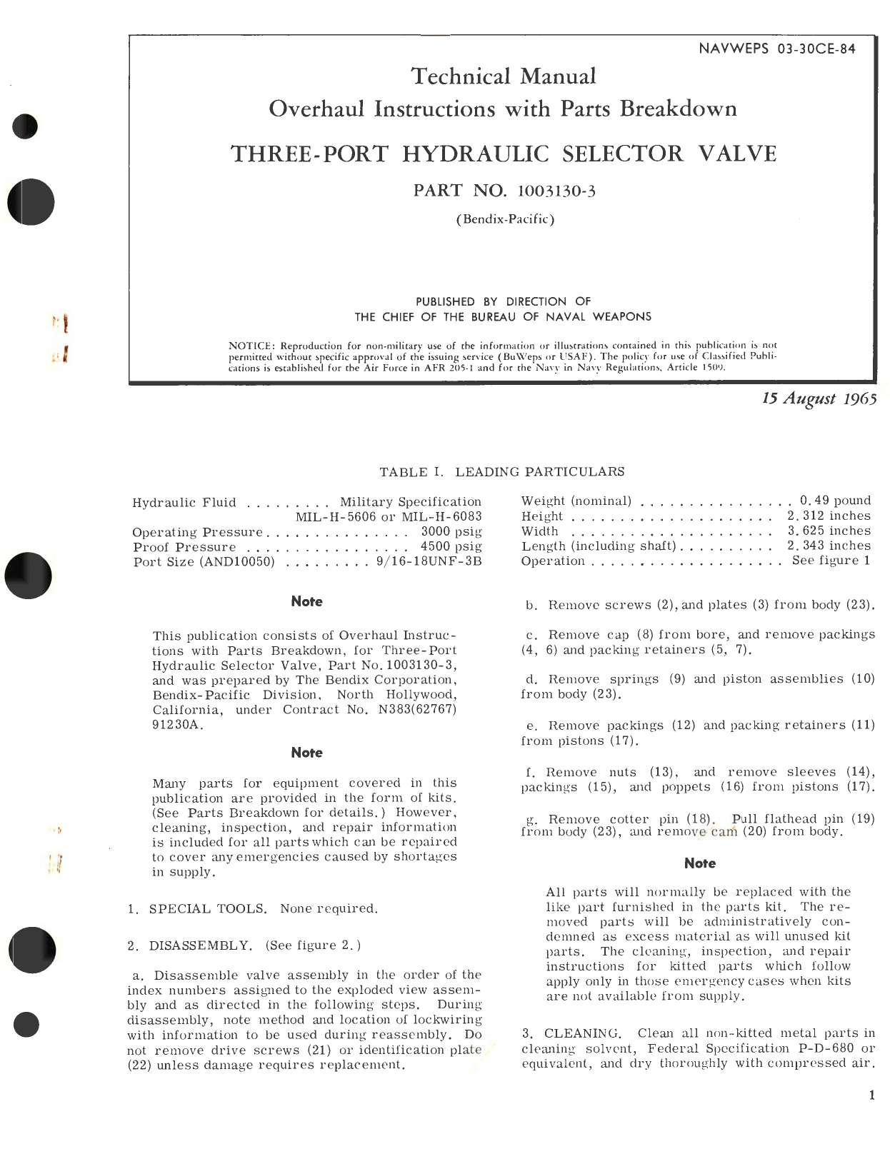 Sample page 1 from AirCorps Library document: Overhaul Instructions with Parts Breakdown for Three-Port Hydraulic Selector Valve Part No 1003130-3 