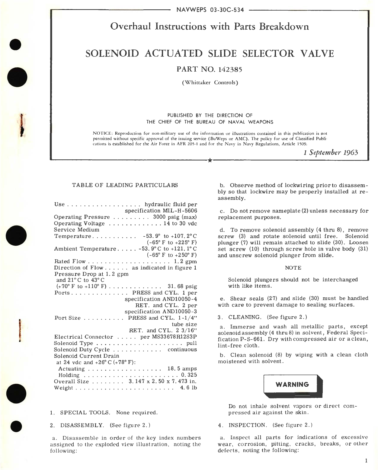 Sample page 1 from AirCorps Library document: Overhaul Instructions with Parts Breakdown for Solenoid Actuated Slide Selector Valve Part No. 142385