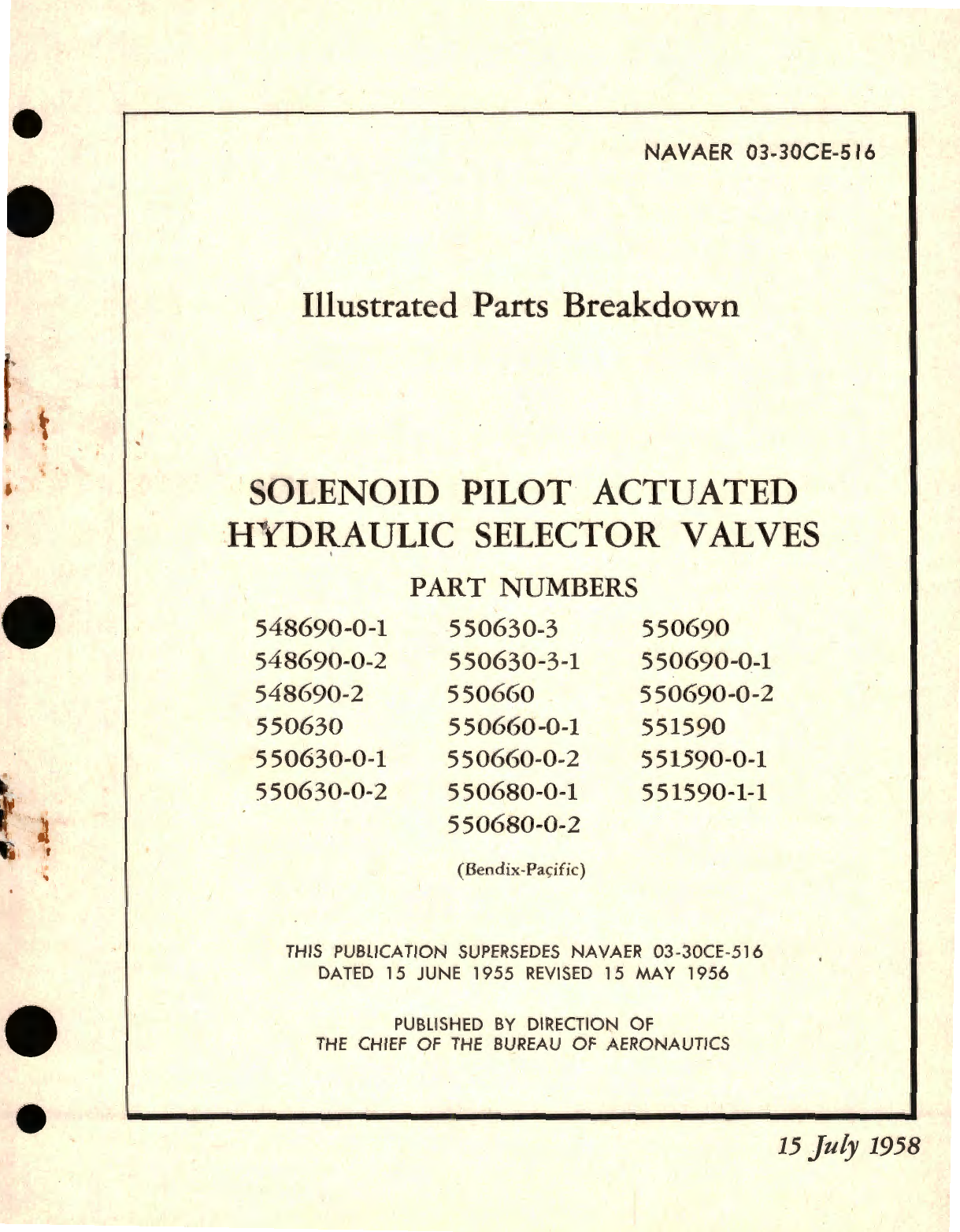 Sample page 1 from AirCorps Library document: Illustrated Parts Breakdown for Solenoid Pilot Actuated Hydraulic Selector Valves Part No. 548690